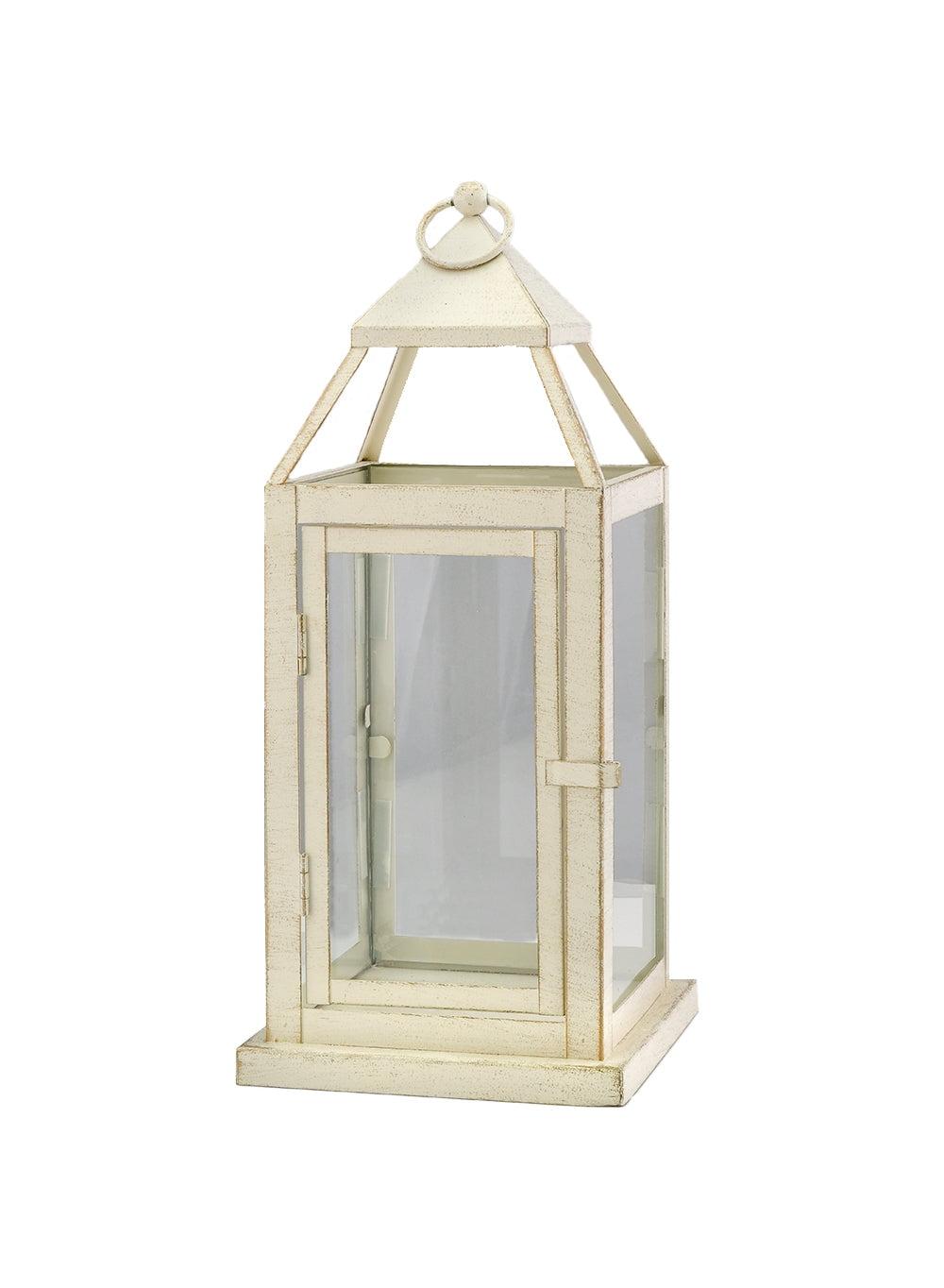 Antique White Square Stainless Steel & Glass Tabletop Lantern, 16''