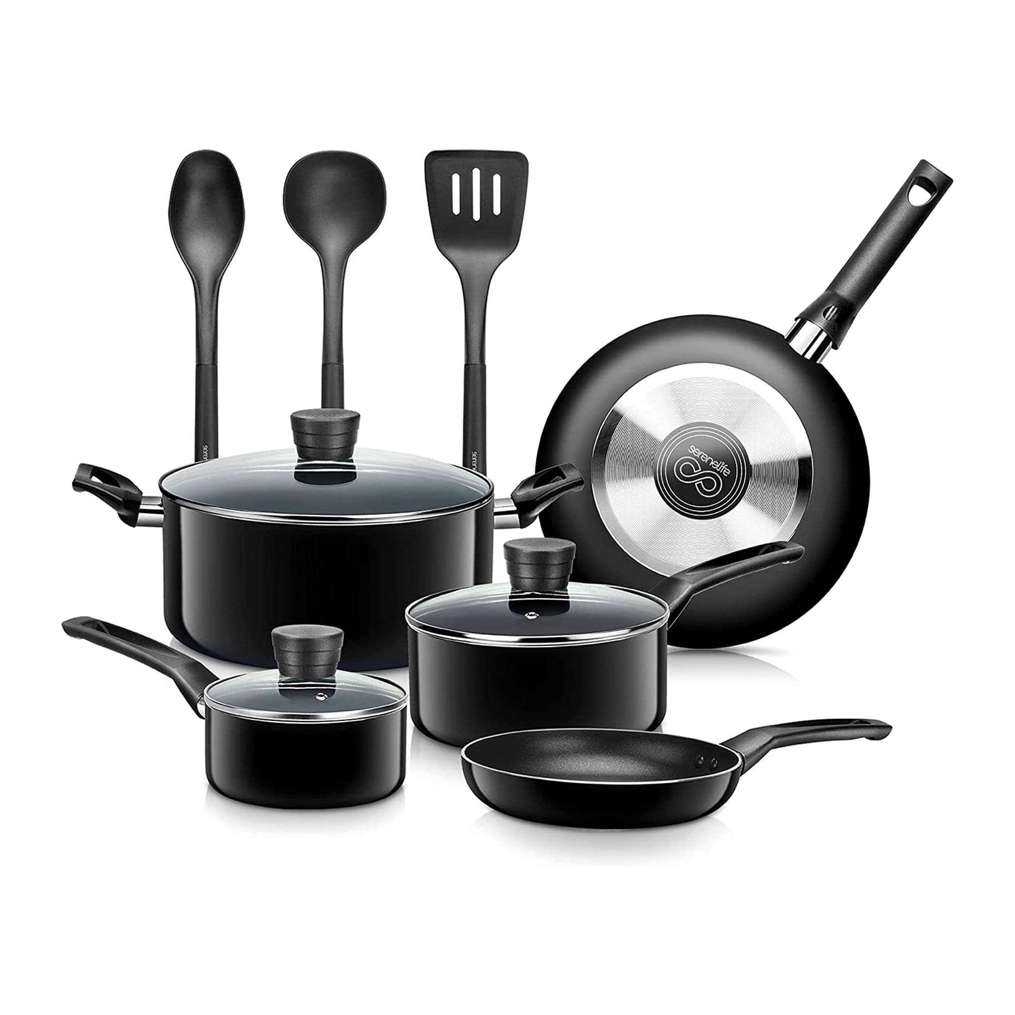 SereneLife 11 Piece Kitchenware Pots & Pans Set – Basic Kitchen Cookware, Black Non-Stick Coating Inside, Heat Resistant Lacquer (Black)