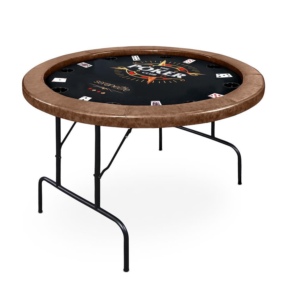 Brown Foldable 8-Player Round Poker Table with Cushioned Rail