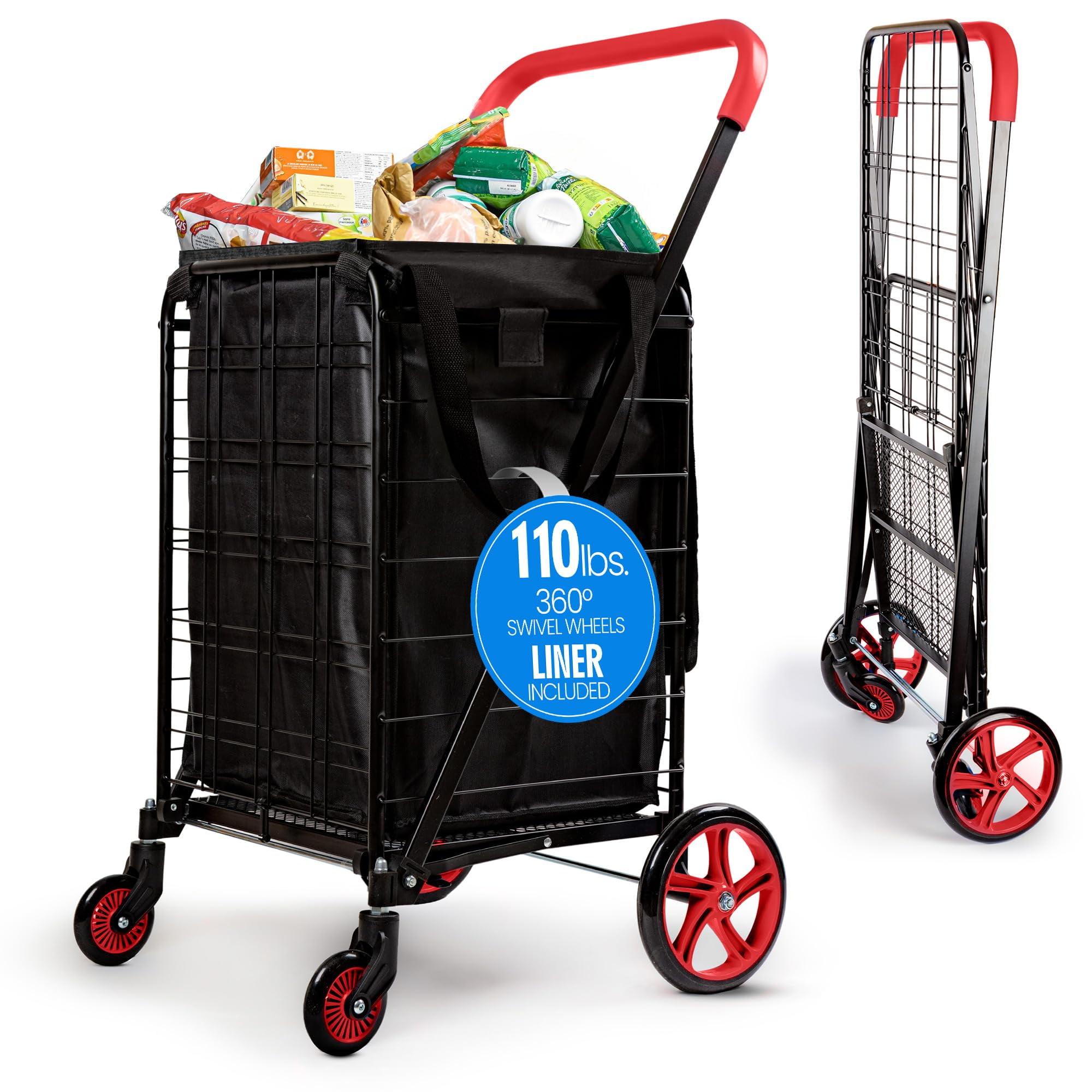 SereneLife Heavy Duty Foldable Shopping Cart with Removable Cart Liner - Red
