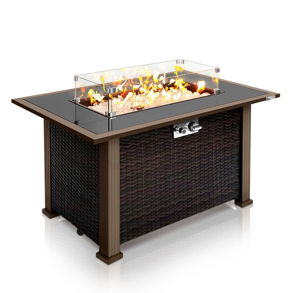 SereneLife Outdoor Propane Gas Fire Pit Table - 50,000 BTU Auto-Ignition Gas Firepit with Glass Wind Guard - SLFPTL.5