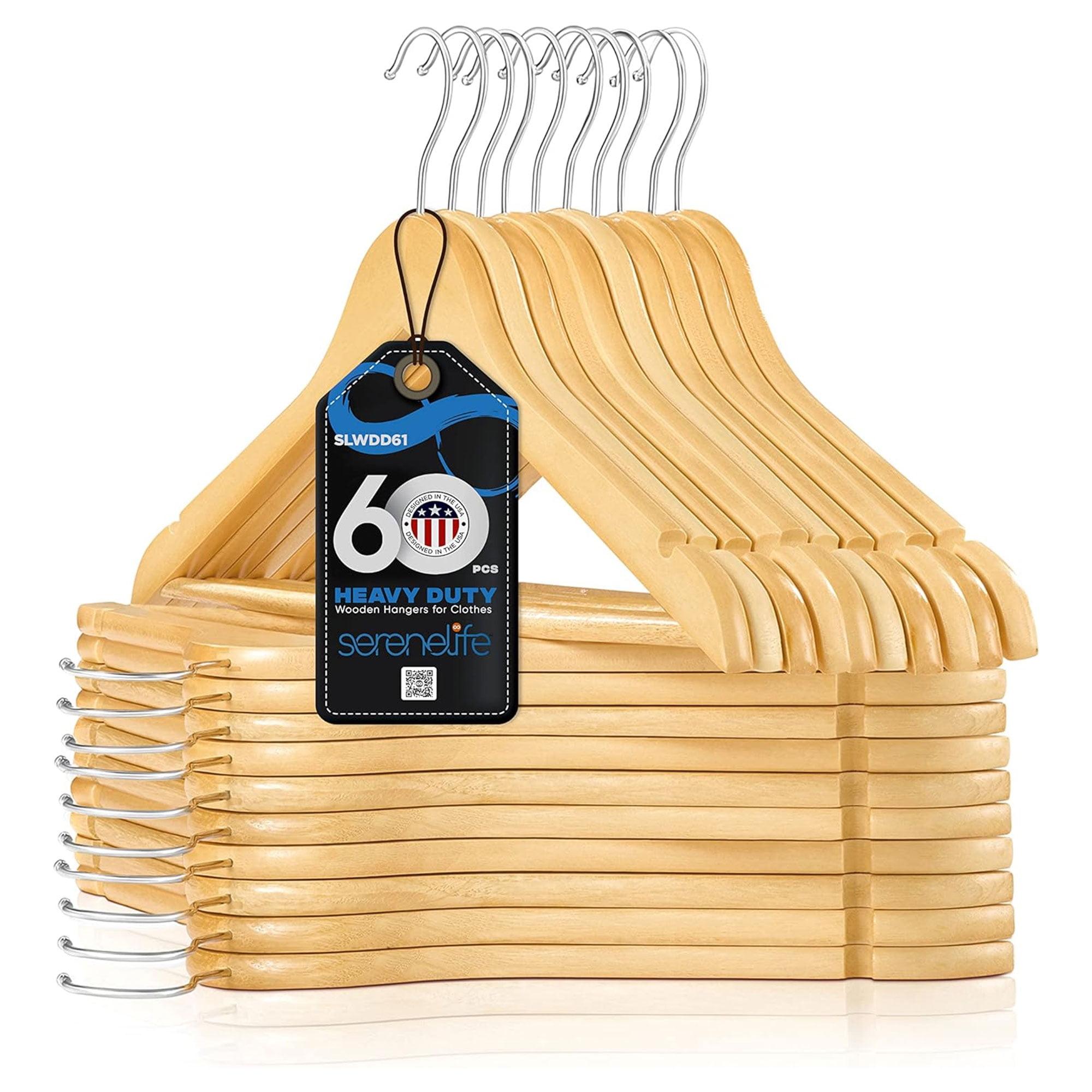 SereneLife Heavy Duty Solid Wooden Hanger Set of 60 with Chrome 360 Degree Swivel Hook and Sleek Design for Standard Hangers, Natural Wood