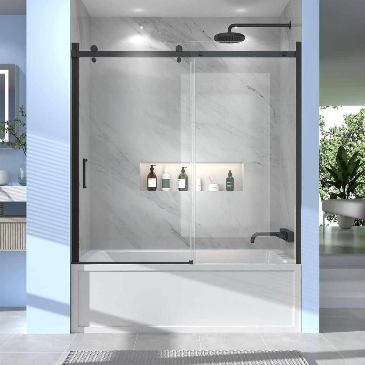 Zephyr 56-60" Matte Black Semi-Frameless Sliding Tub Door with Tempered Glass