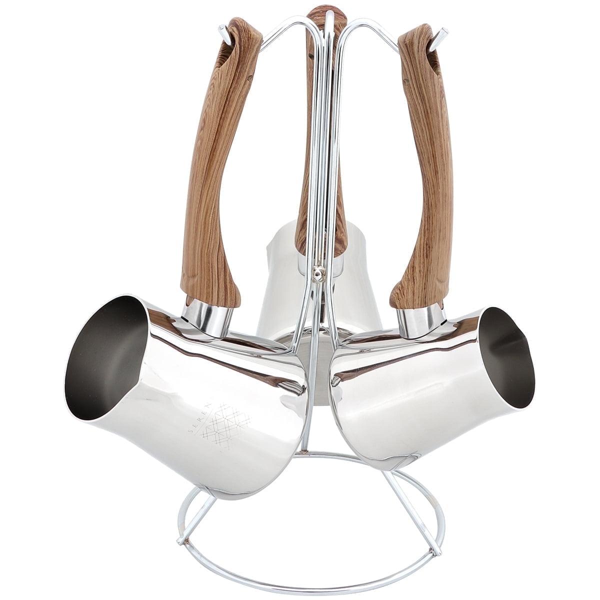 Serenk Turkish Coffee Pot Set, 4-Piece Stainless Steel w/Stand, 2-4 Cup Sizes, 18/10 Steel, Gas Stove Compatible