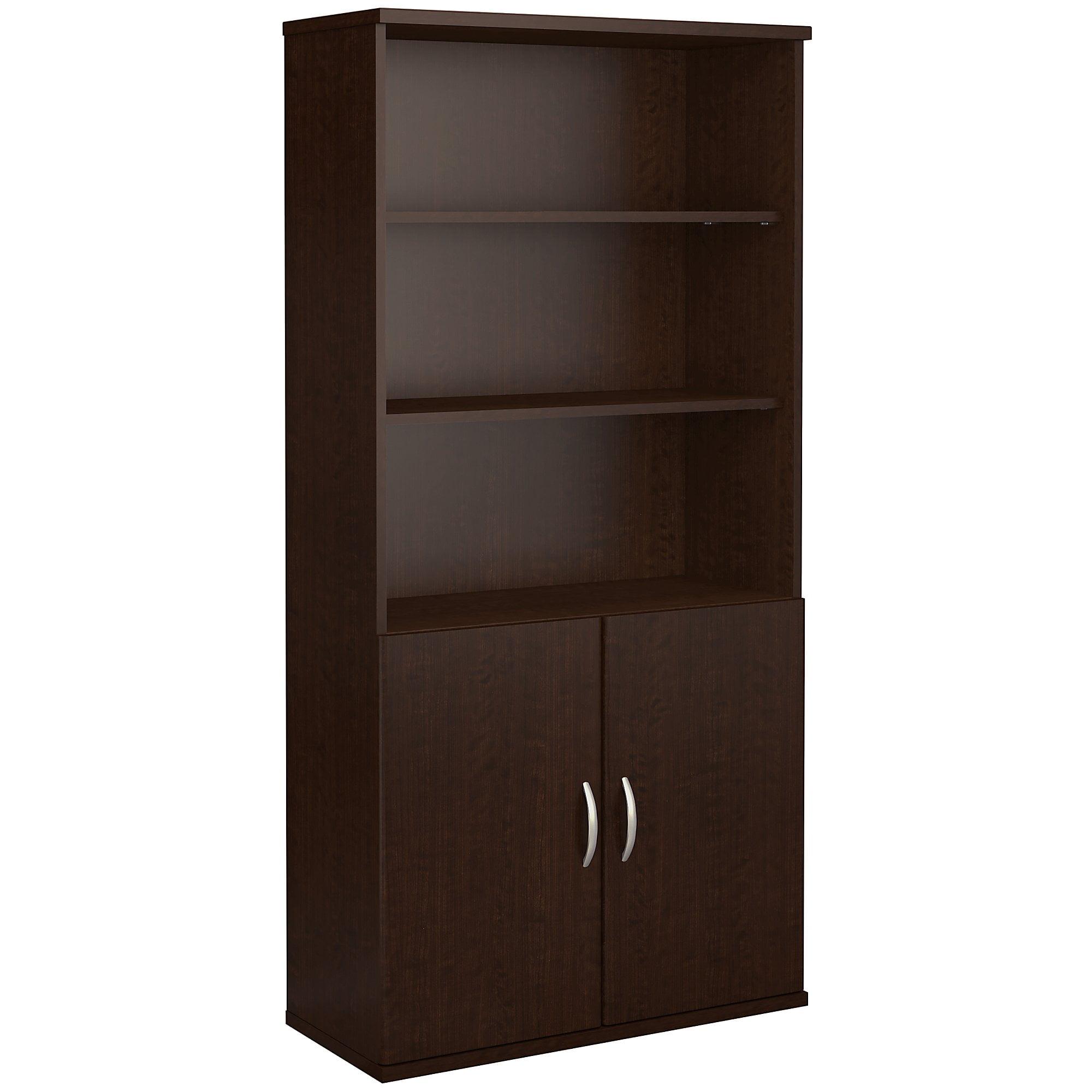 Mocha Cherry 36W 5-Shelf Bookcase with Adjustable Shelves and Doors