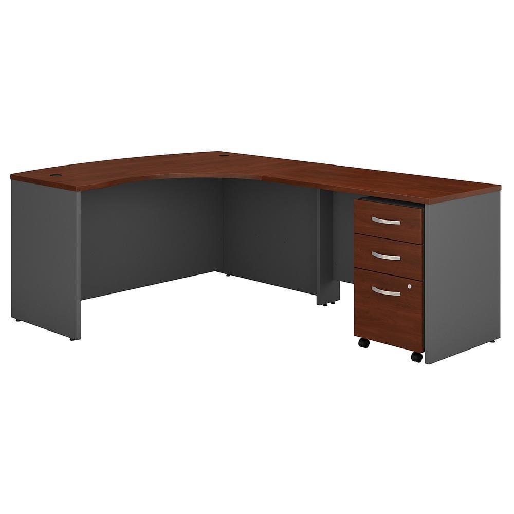 Gray and Cherry Wood L-Shaped Desk with Filing Cabinet