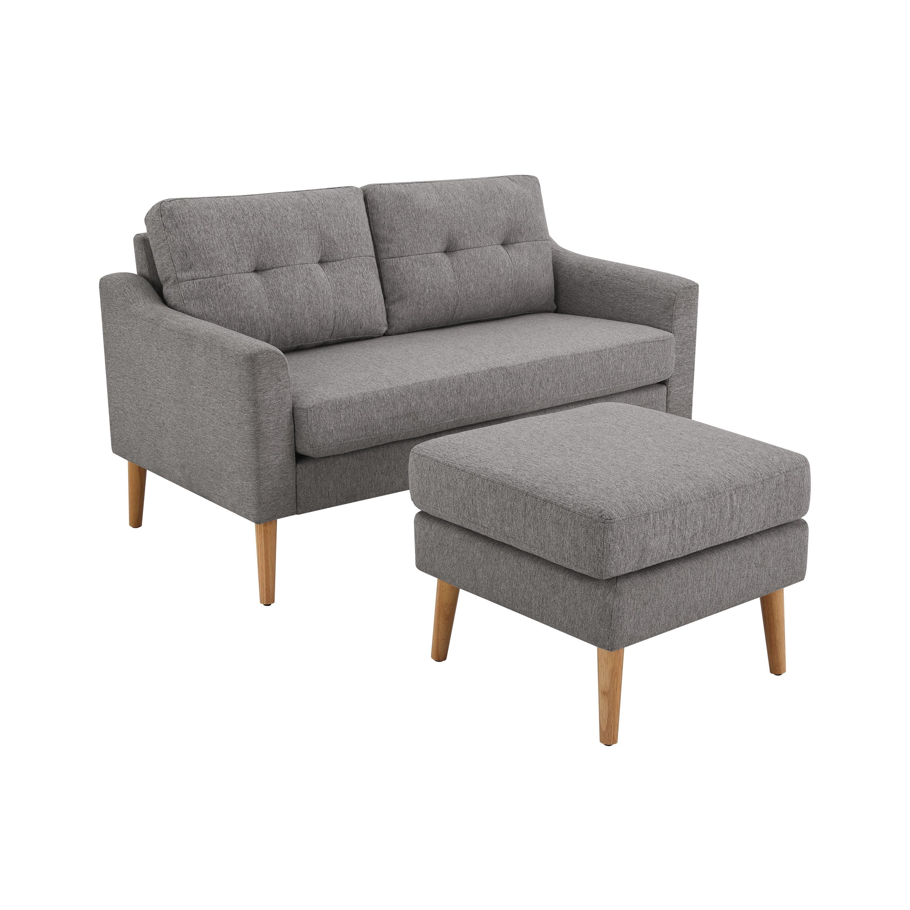 Charcoal Tufted Fabric Loveseat with Ottoman and Wood Legs