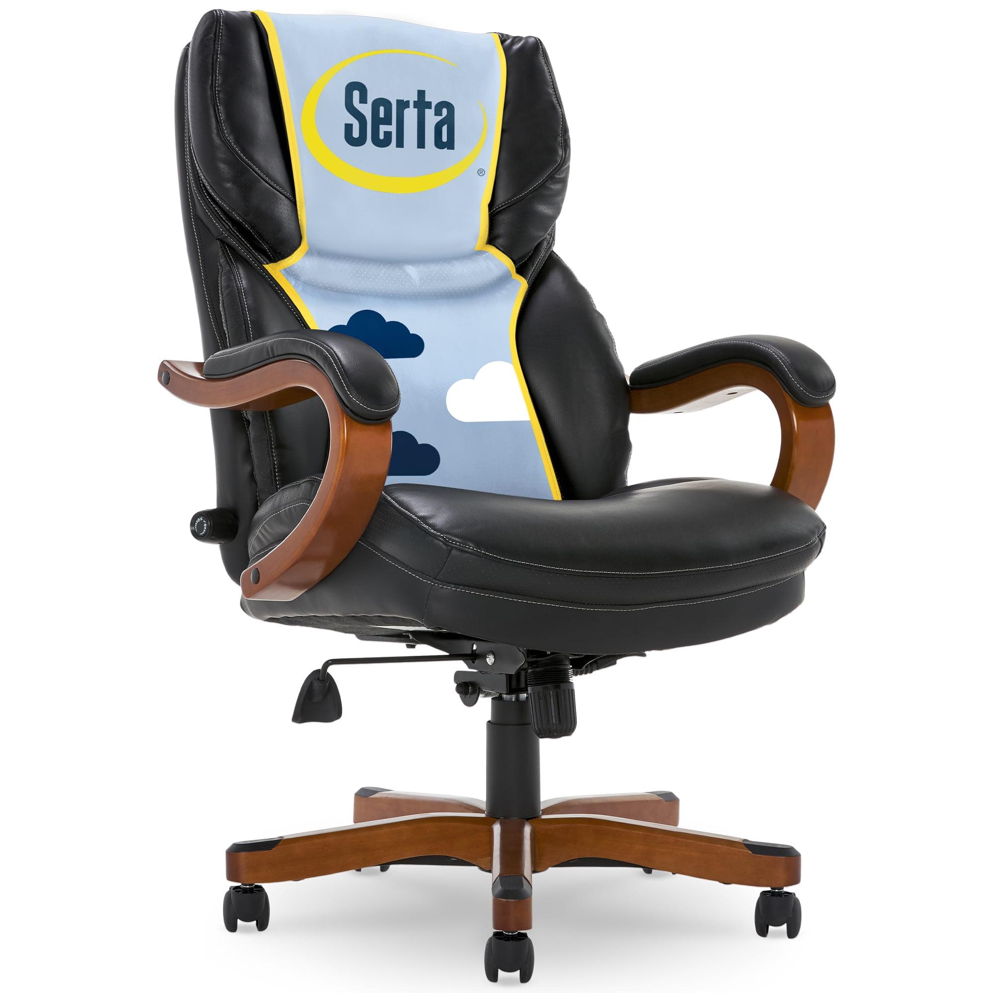 Executive Office Chair in Black Bonded Leather - Serta: High-Density Foam, Fixed Arms, Wood Frame