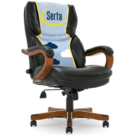 Executive Office Chair in Black Bonded Leather - Serta: High-Density Foam, Fixed Arms, Wood Frame