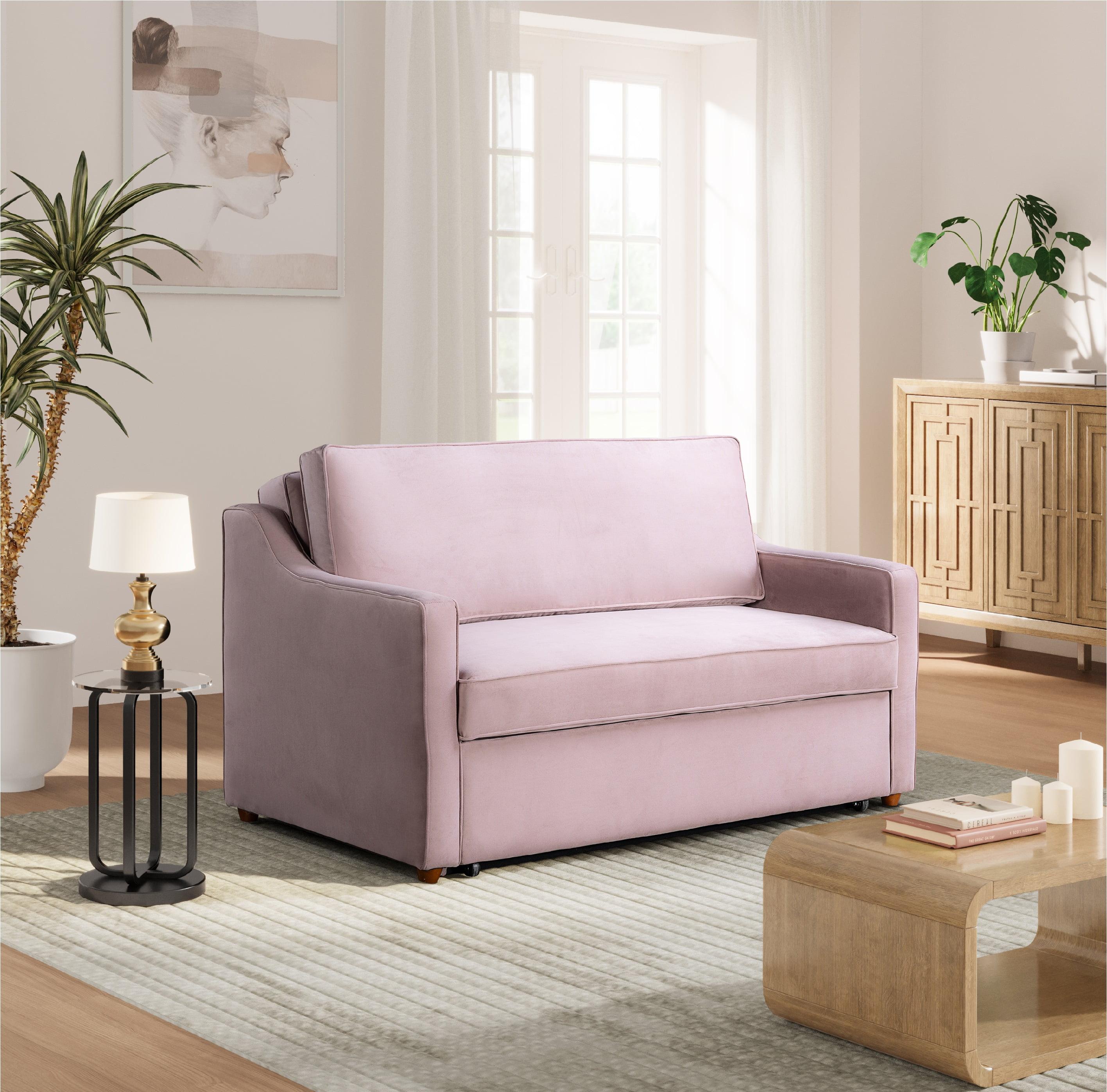 Mauve Velvet Full Sleeper Loveseat with Wood Legs