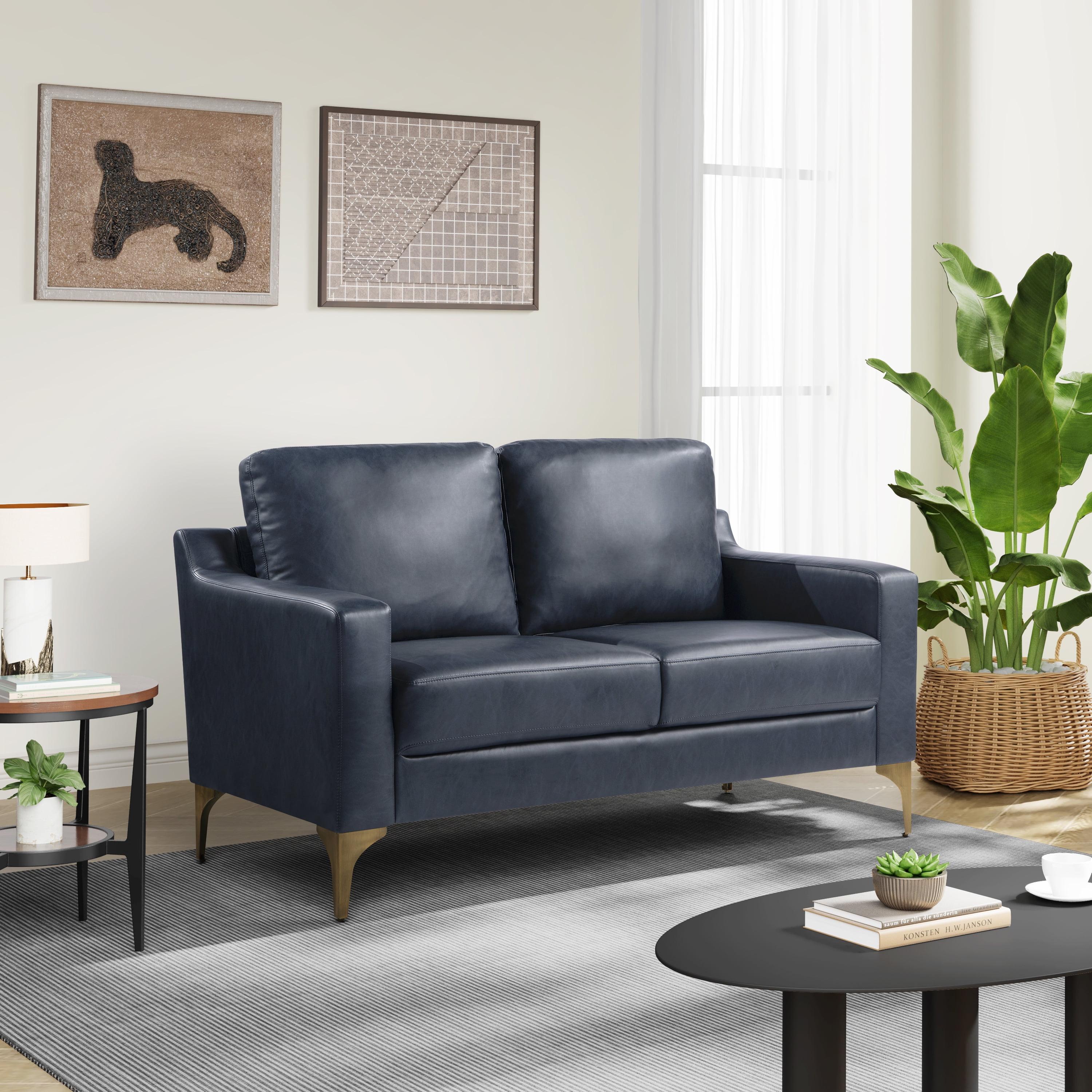 Navy Faux Leather Lawson Loveseat with Wood Legs