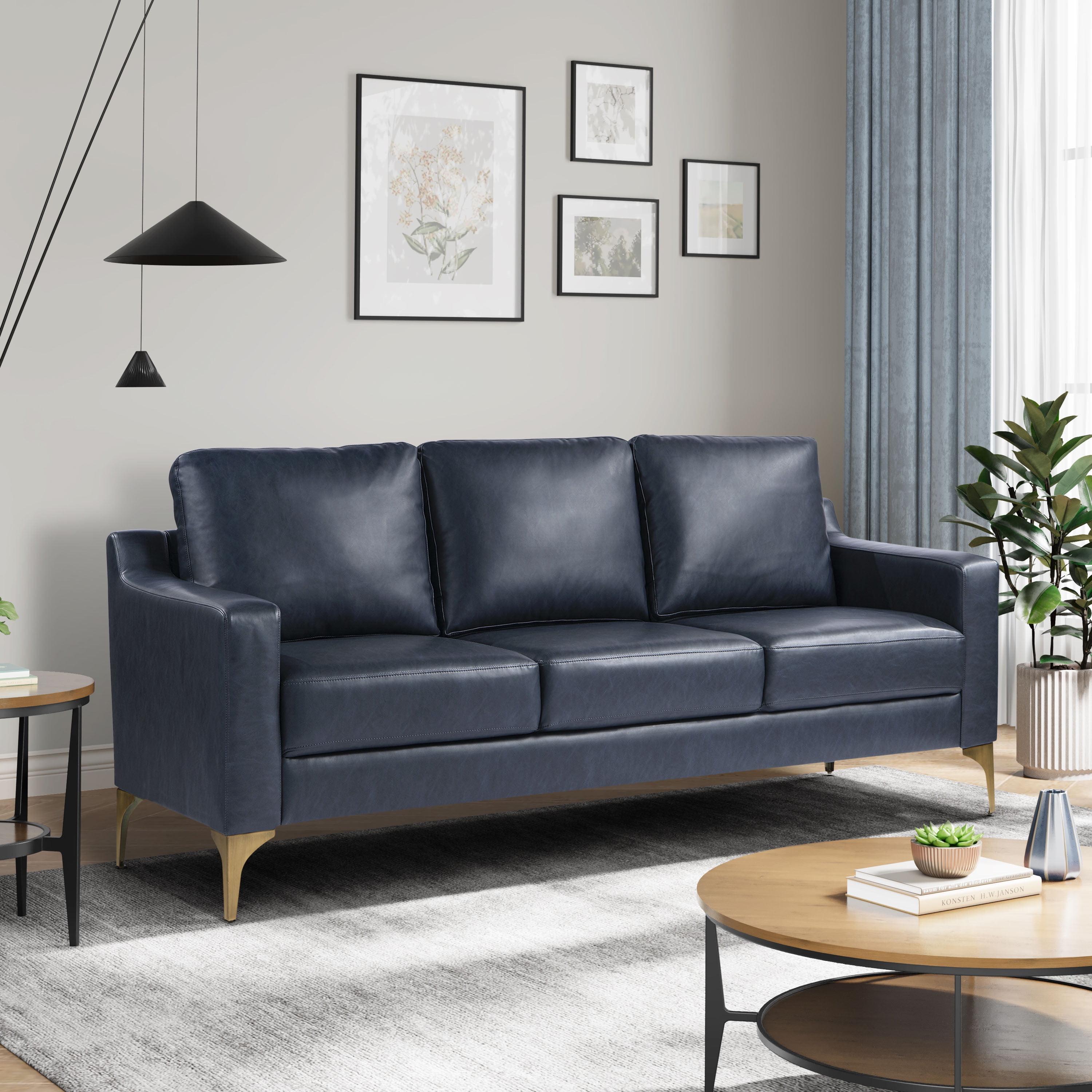 Navy Faux Leather Sofa with Removable Cushions and Wood Legs