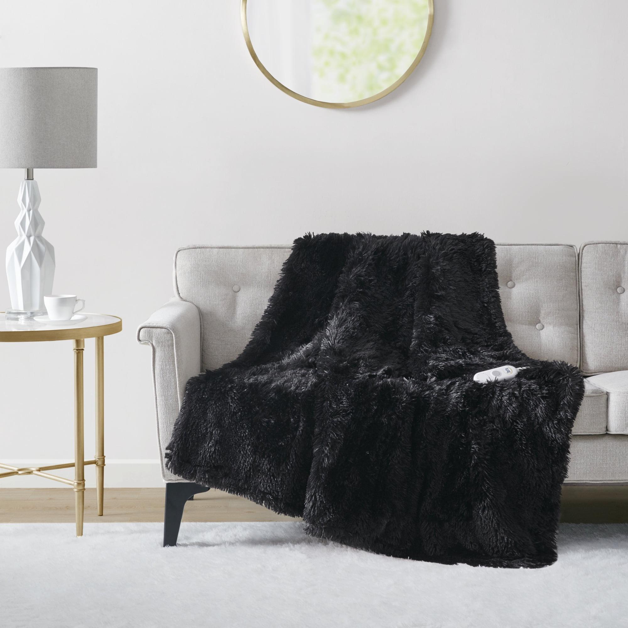 Luxurious Black Shaggy Faux Fur Reversible Electric Heated Throw