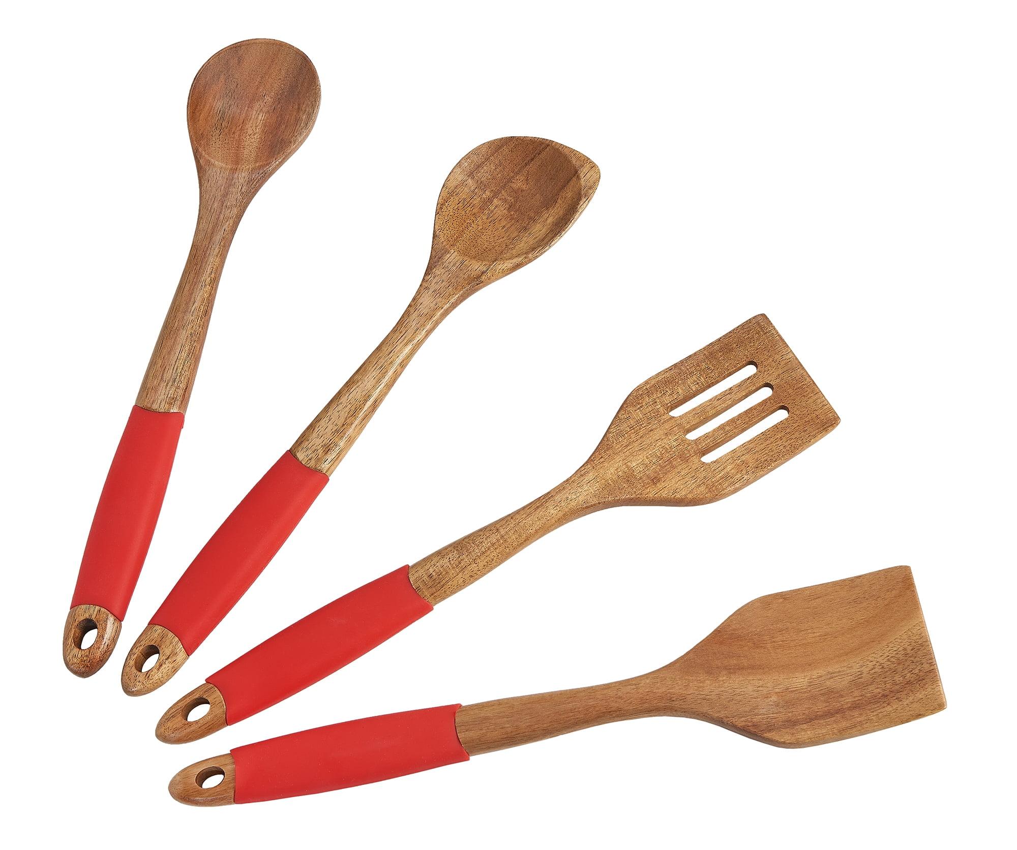 Set of 4 Acacia Wood Utensils with Red Handles