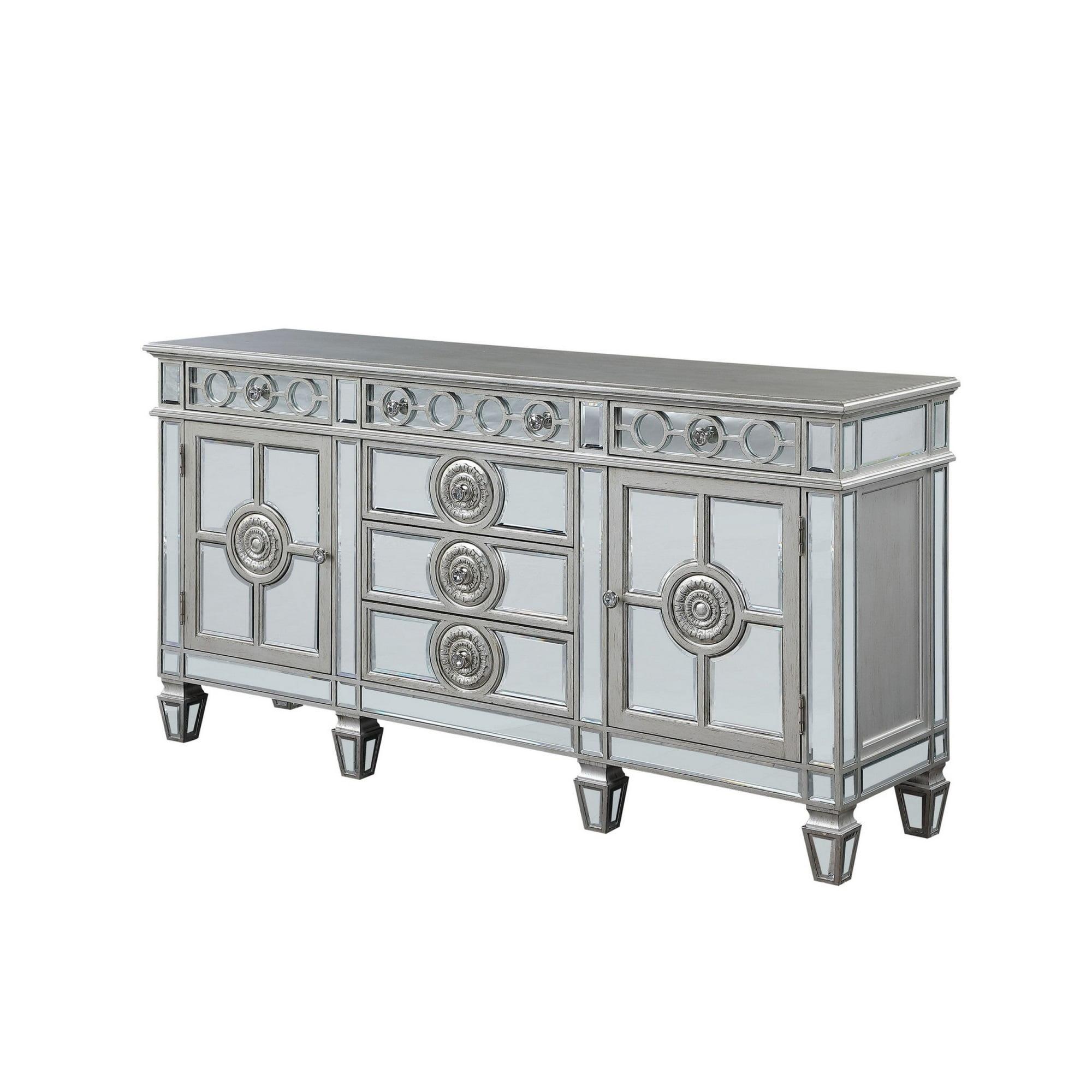 Elegant Silver Mirrored 68'' Wood Server with 6 Drawers