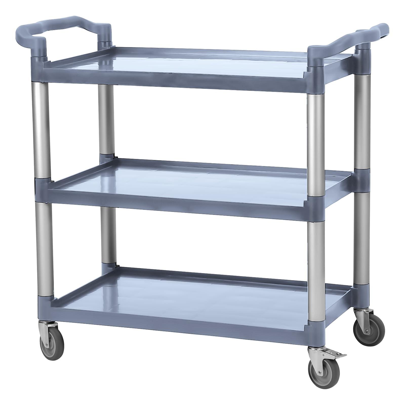 Service Cart Heavy Duty 3-Shelf Rolling Utility/Push Cart with Lockable Wheels, 360 lbs. Capacity, for Foodservice/Restaurant/Cleaning