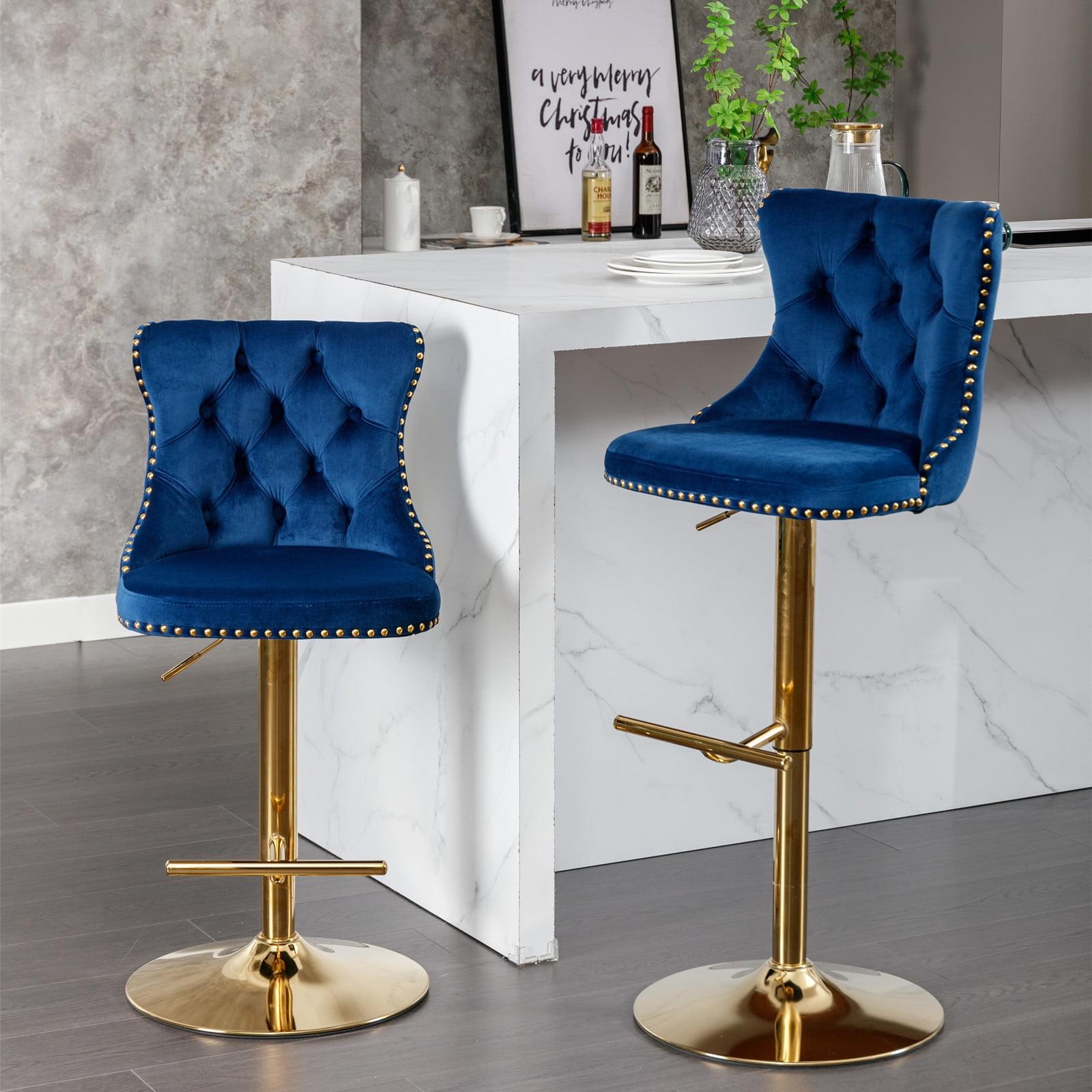 Swivel Bar Stools Set of 2, Height Adjustable Dining Chairs with Rivets, Button Tufted Back and Metal Footrest, Velvet Upholstered Side Chairs, Armless Chairs for Dining Room Bar Kitchen Island