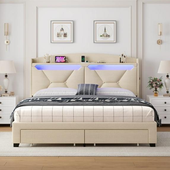 Sesslife Queen Size Bed Frame with LED Storage Headboard, Upholstered Platform Bed with 2 Drawers, Charging Station and Side Pocket, Strong Wooden Slats Support, No Box Spring Needed, Beige