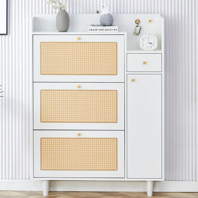 Sesslife Rattan Shoe Cabinet with 3 Flip Drawers, Modern Shoe Storage Cabinet for Heels, Boots, Slippers, Entryway, Bedroom, Living Room, Hallway, White