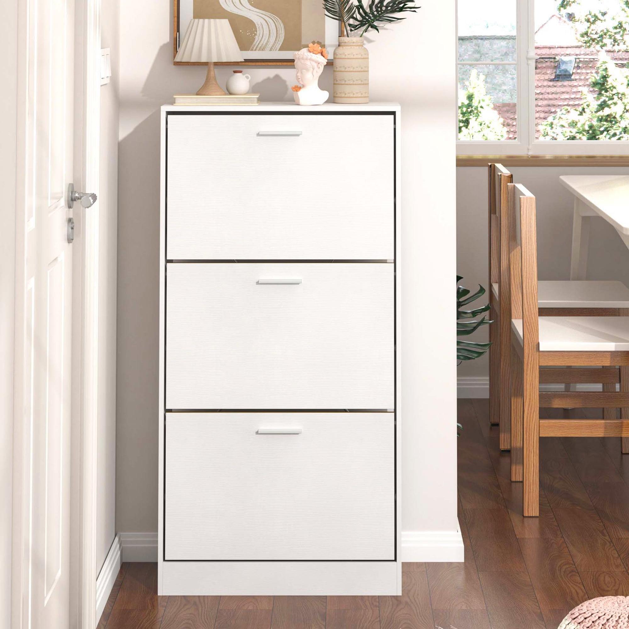 White Engineered Wood Freestanding Shoe Cabinet with 3 Flip Drawers