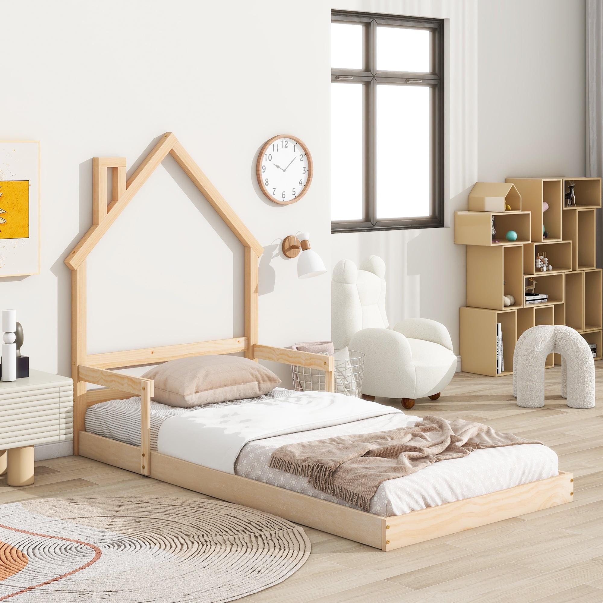 Sesslife Twin Bed Frame with House-Shape Headboard, Wood Platform Bed with Guardrail for Kids Teens, Cute Floor Bed with Strong Wood Slats Support, Easy Assembly, No Box Spring Needed, Oak