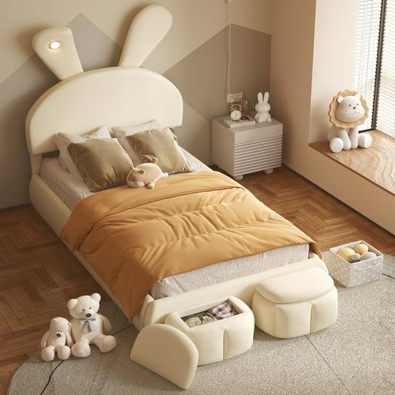 Sesslife Twin Bed Frame for teens, Upholstered Bed Frame with 2 Storage Stools and LED Light, Cute Bed Frame with Rabbit-Ears Shaped Headboard, Cartoon Twin Bed Frame, No Box Spring Needed, Beige