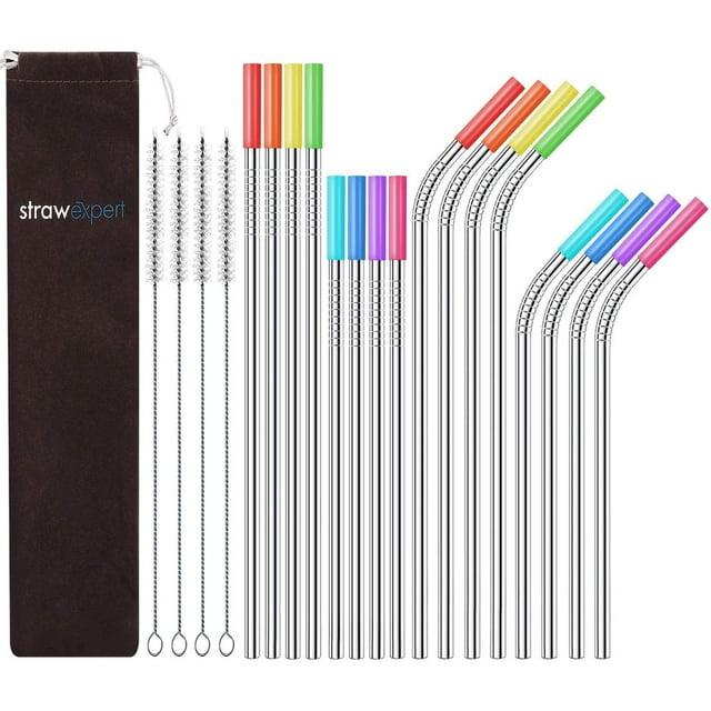 Set of 16 Reusable Stainless Steel Straws with Travel Case Cleaning Brush Silicone Tips Eco Friendly Extra Long Metal Straws Drinking for 20 24 30 oz Fit Yeti Tervis Rtic Tumbler (Silve) r