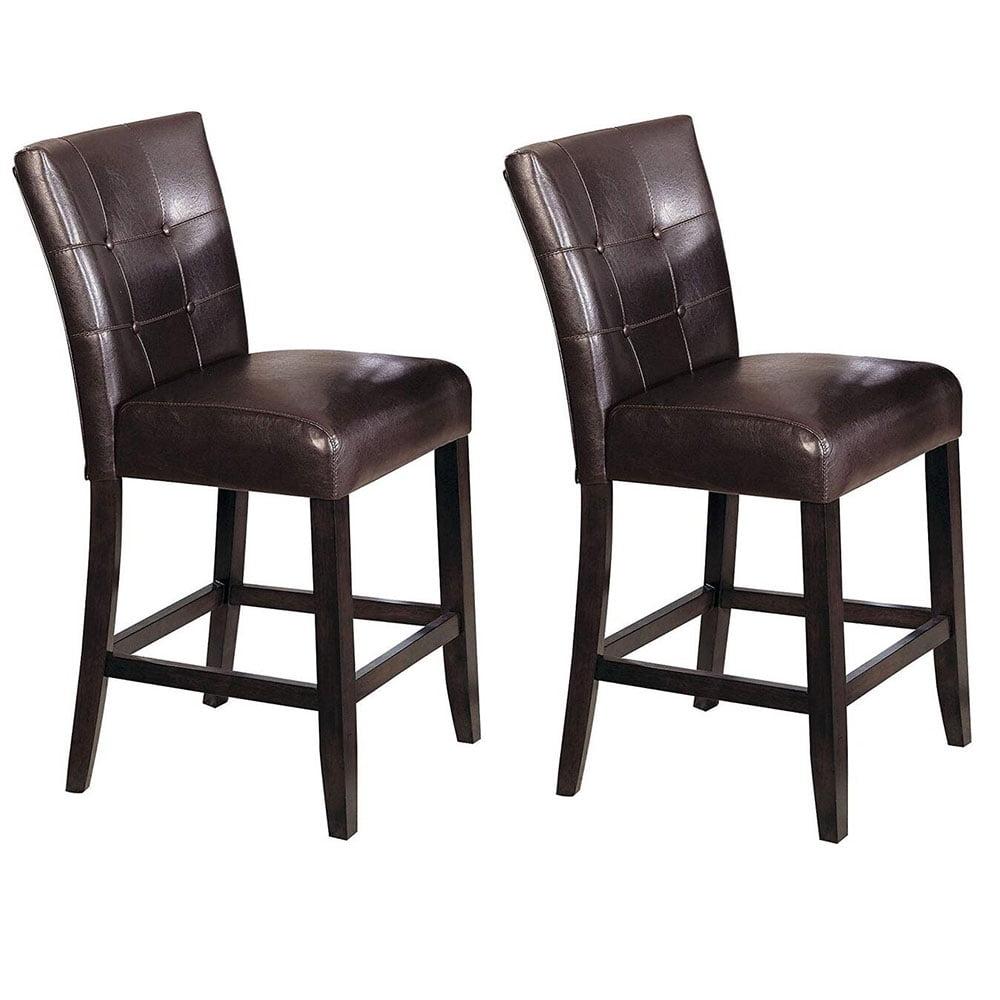 Espresso and Walnut Leather Counter Height Bar Stools, Set of 2