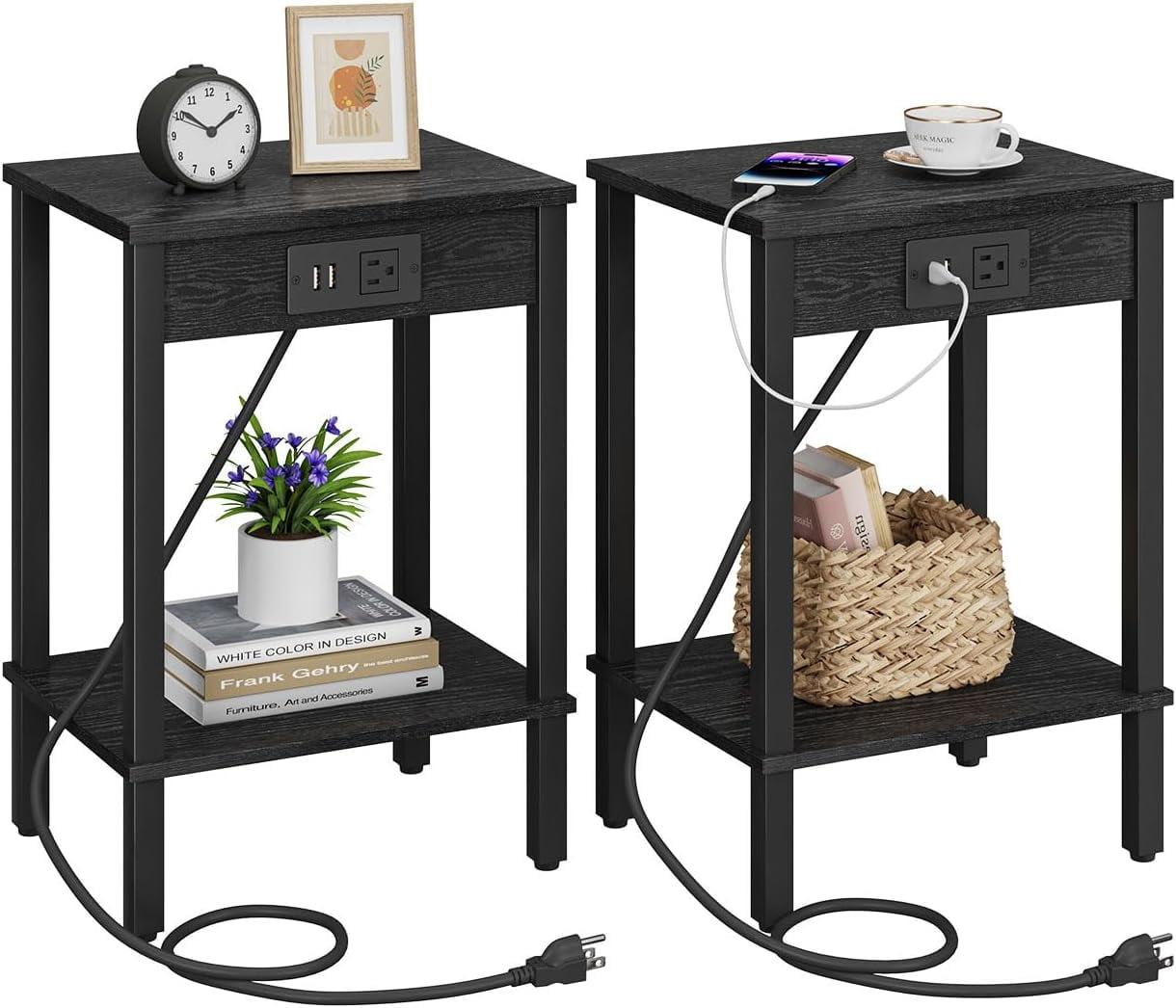 Narrow Side Table Set of 2 with Charging Station, Small End Tables for Small Spaces, 3-Tier Skinny Side Table, Narrow End Table with USB Ports, Narrow Nightstand Set 2, Black