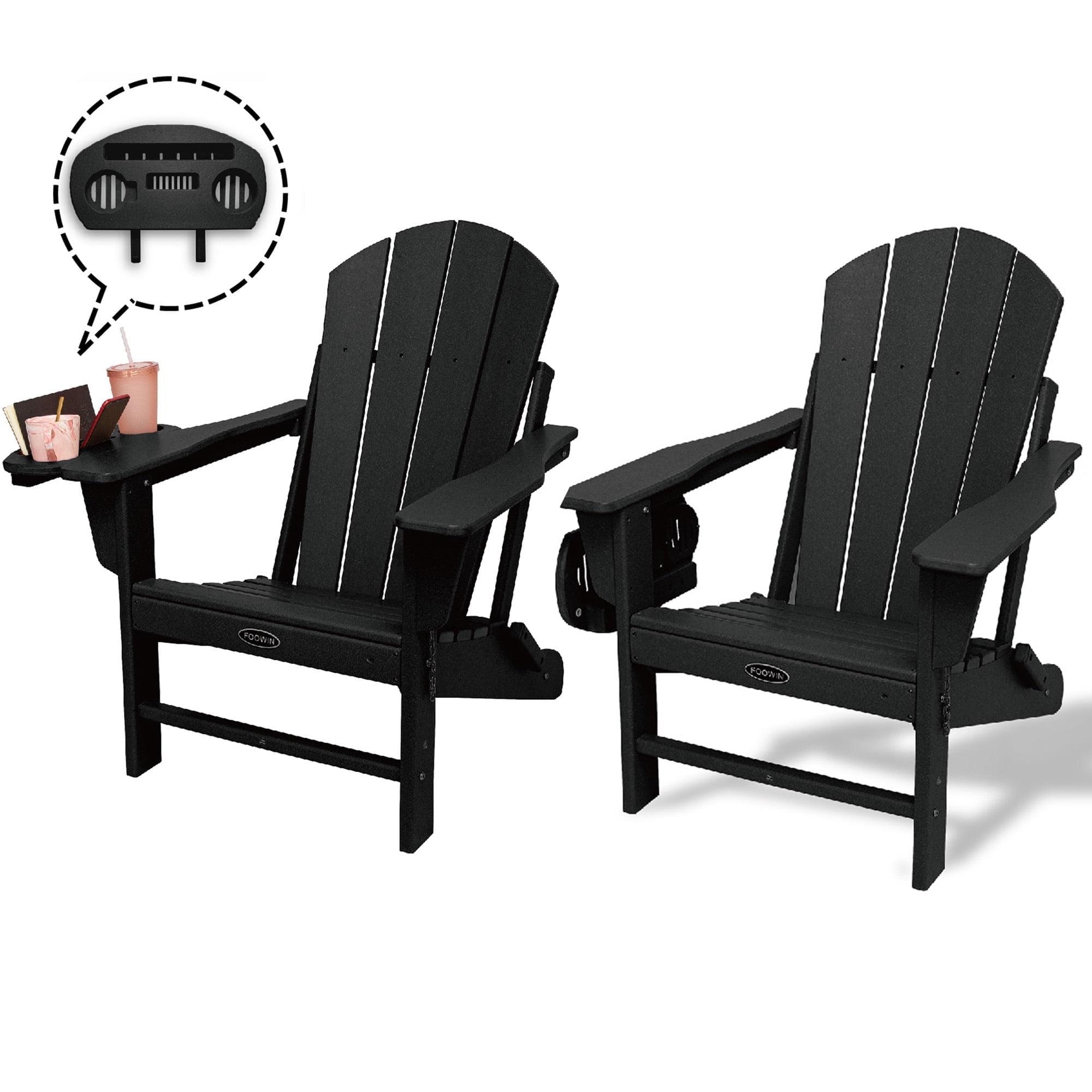 Set of 2 Black HDPE Folding Adirondack Chairs with Cup Holders