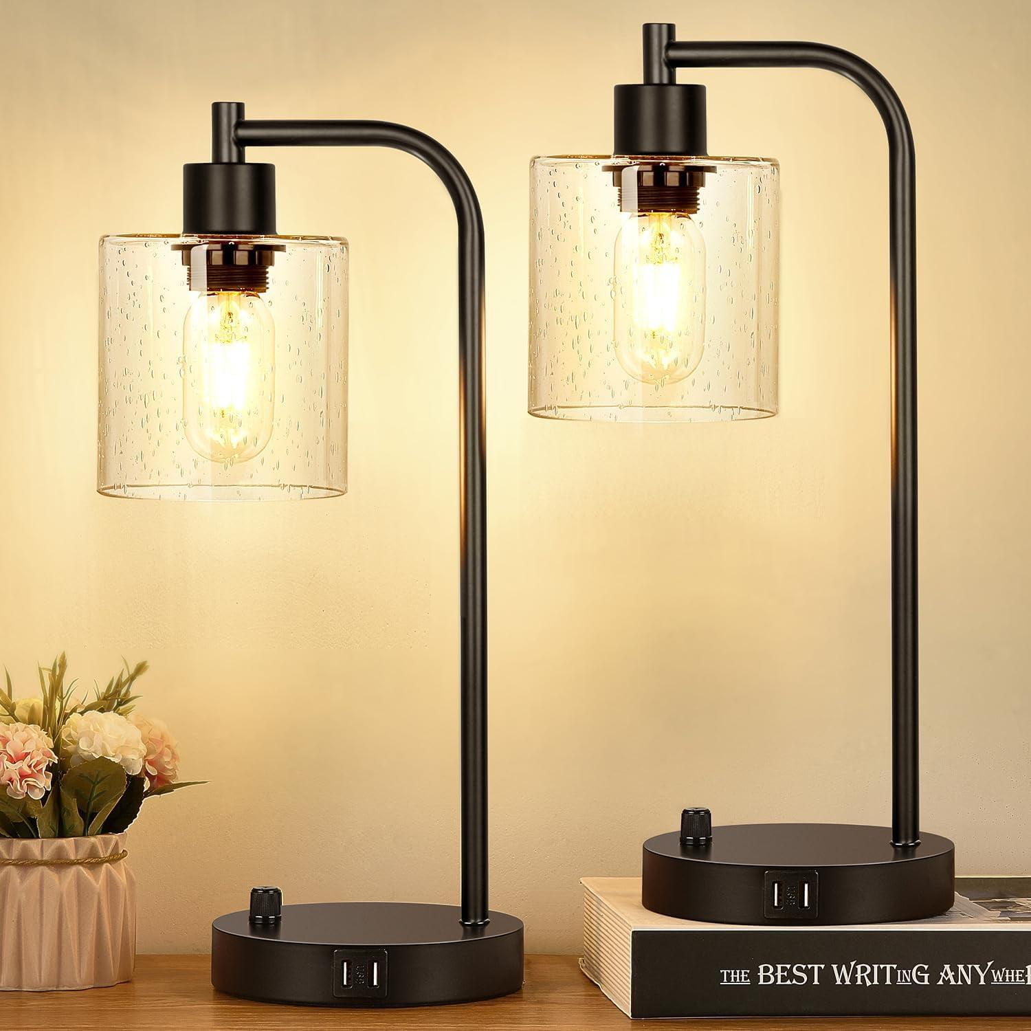 Set of 2 Black Industrial Table Lamps with USB Ports