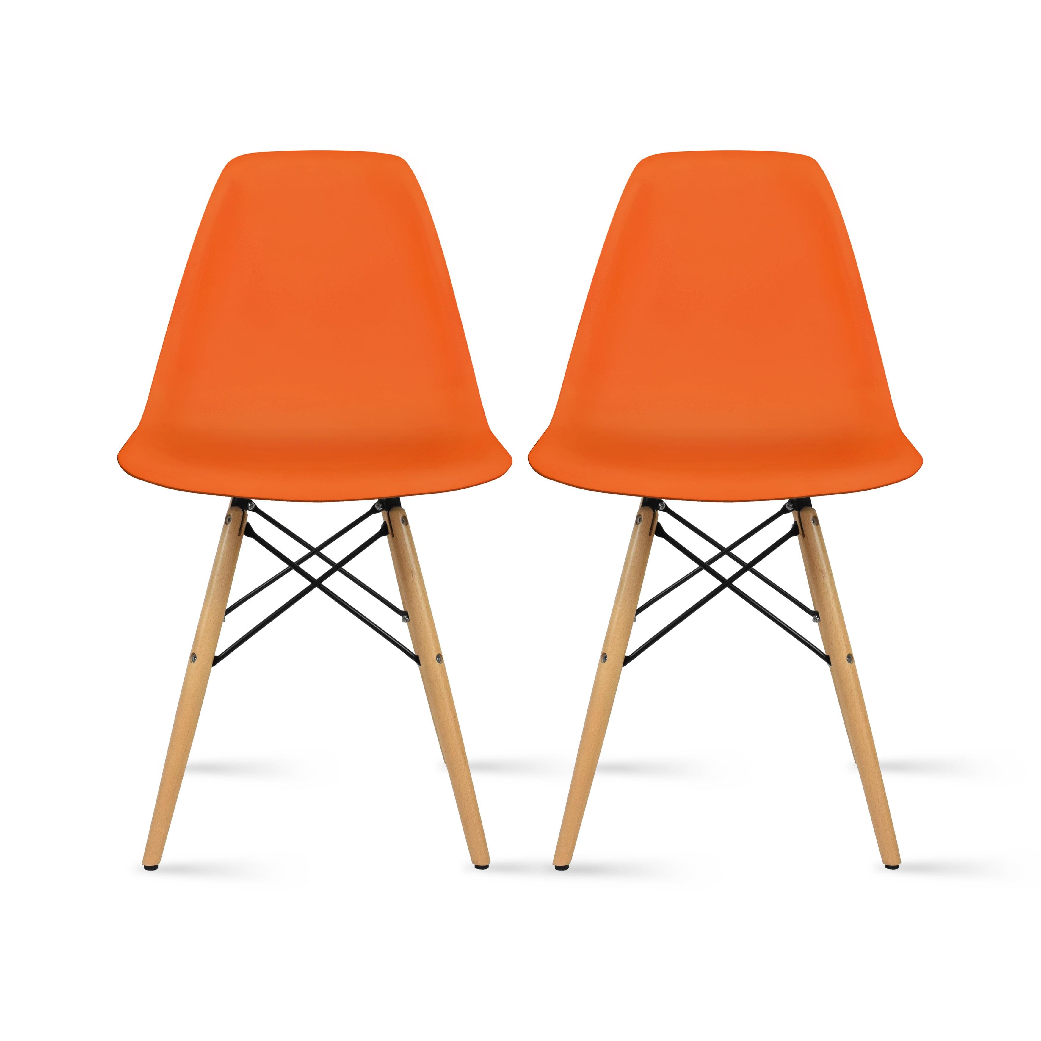 Set of 2 Mid Country Modern Molded Shell Designer Assemble Plastic Chair Side No Arms Wheels Armless Natural Wood Wooden Eiffel for Dining Room Bedroom Kitchen, Orange