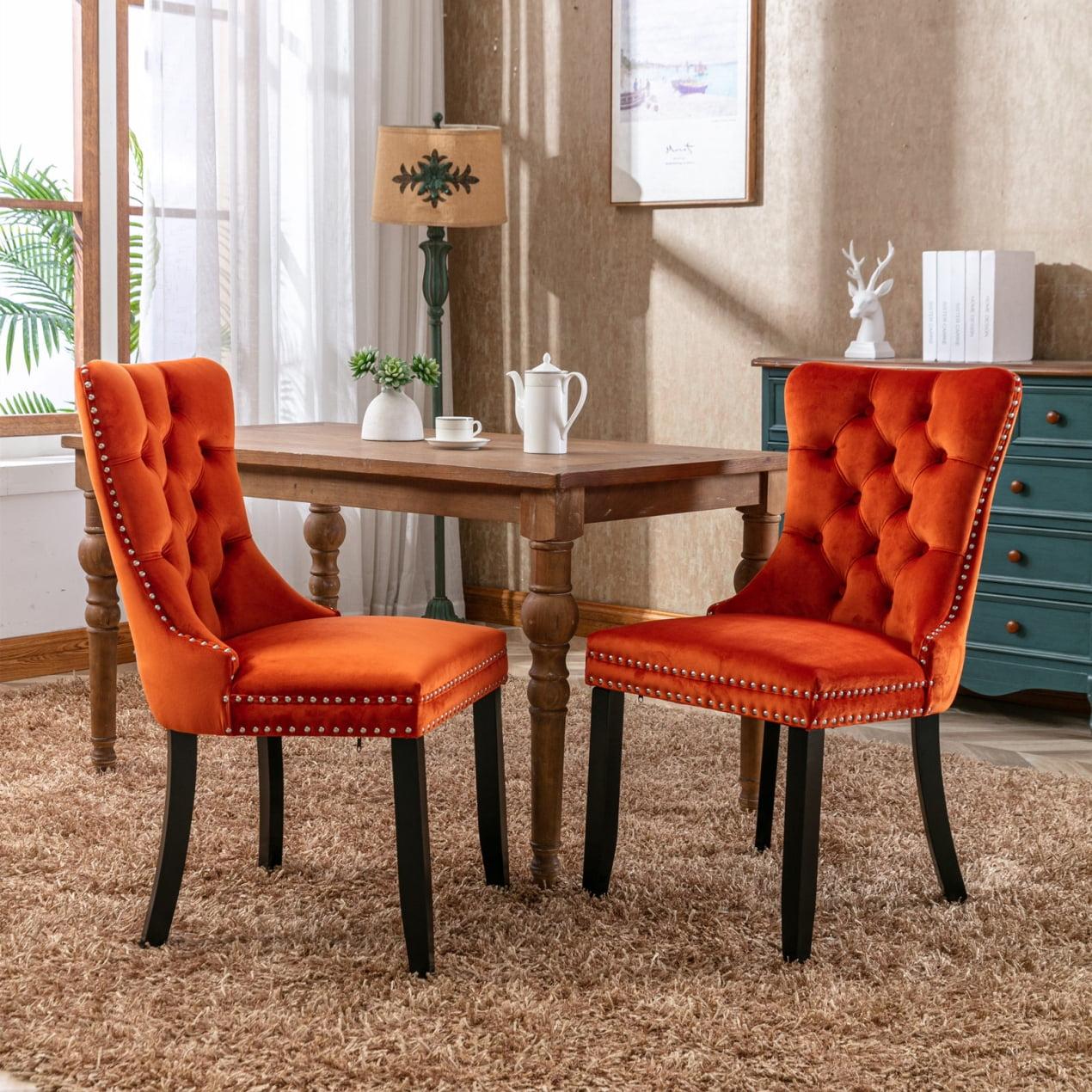 Set of 2 Orange Velvet Tufted Dining Chairs with Wood Legs