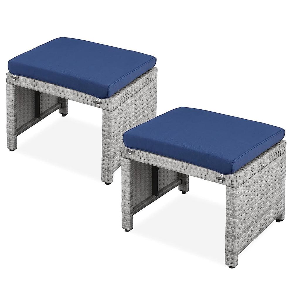 Set of 2 Wicker Ottomans, Multipurpose Outdoor Furniture for Patio, Backyard, Additional Seating, Footrest, Side Table w/Removable Cushions, Steel Frame - Gray/Navy