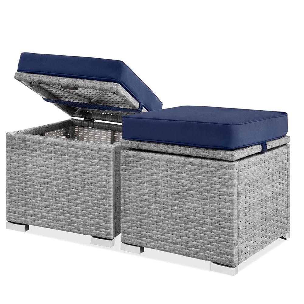 Set of 2 Wicker Ottomans, Multipurpose Outdoor Furniture for Patio, Backyard, Additional Seating, Footrest, Side Table w/Removable Cushions, Steel Frame - Gray/Navy