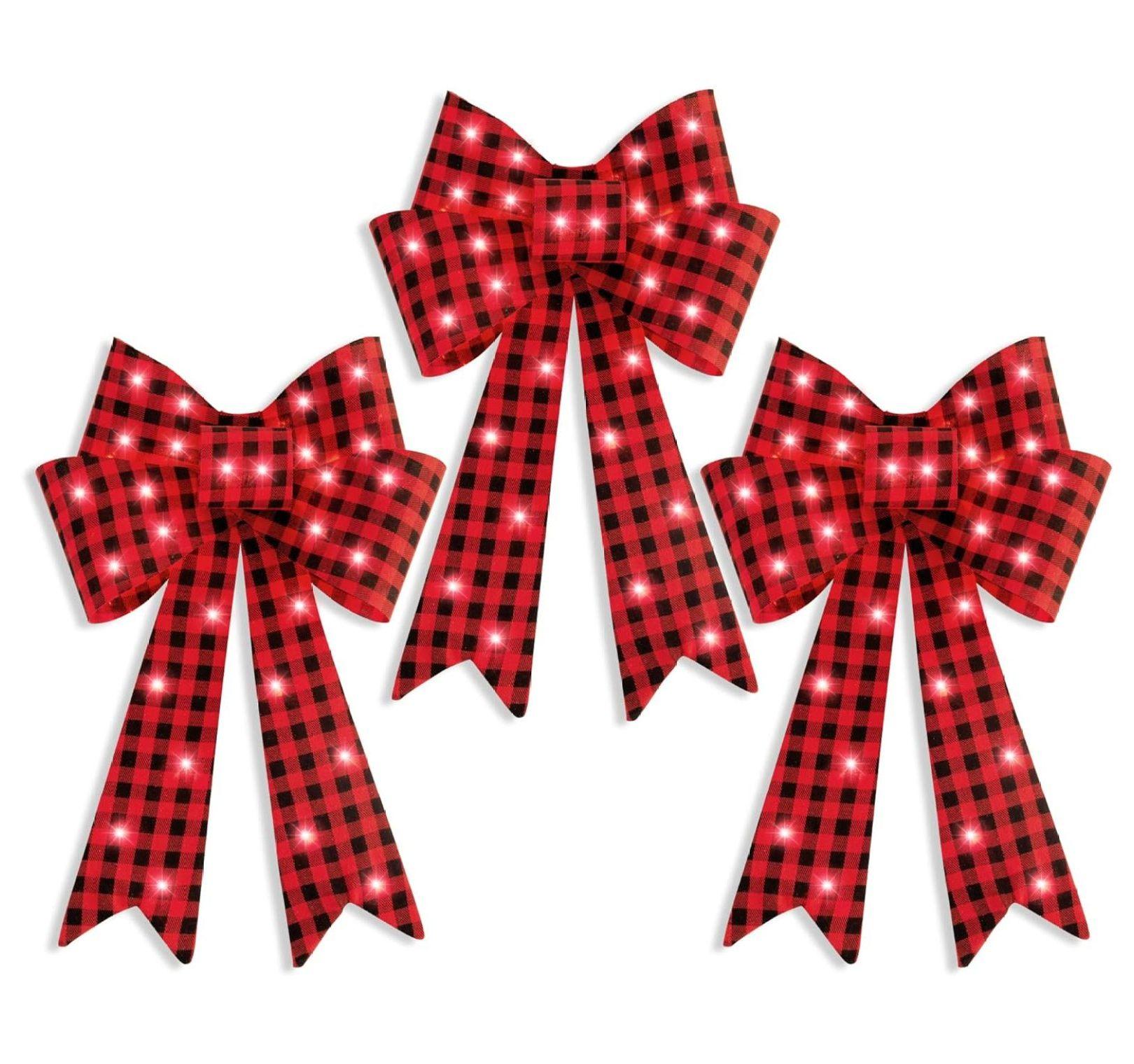The Holiday Aisle® Set Of 3 Pre-Lit Christmas Bows, Indoor/Outdoor LED Holiday Decor W/ 8 Light Functions - Plaid