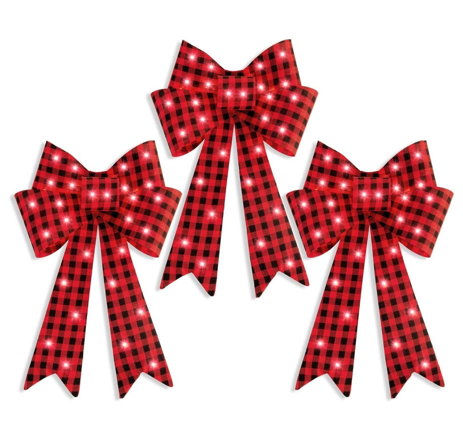 The Holiday Aisle® Set Of 3 Pre-Lit Christmas Bows, Indoor/Outdoor LED Holiday Decor W/ 8 Light Functions - Plaid