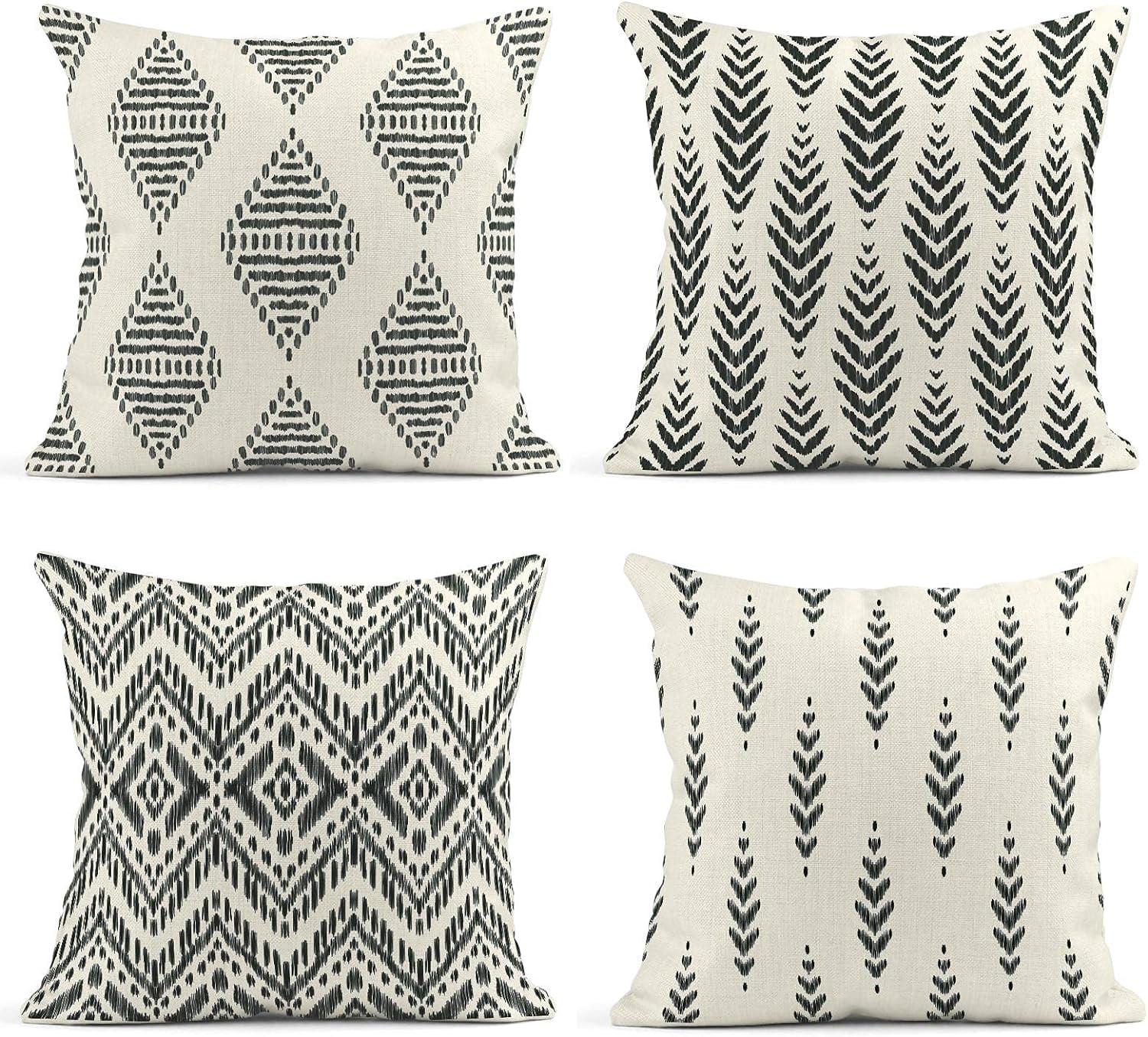 Set of 4 Throw Pillow Covers Ikat Tribal and Boho Bohemian Black Ethnic Herringbone for Ideas Decor Linen Outdoor Pillow Cases Home Decorative Square 18x18 Inches Pillowcases