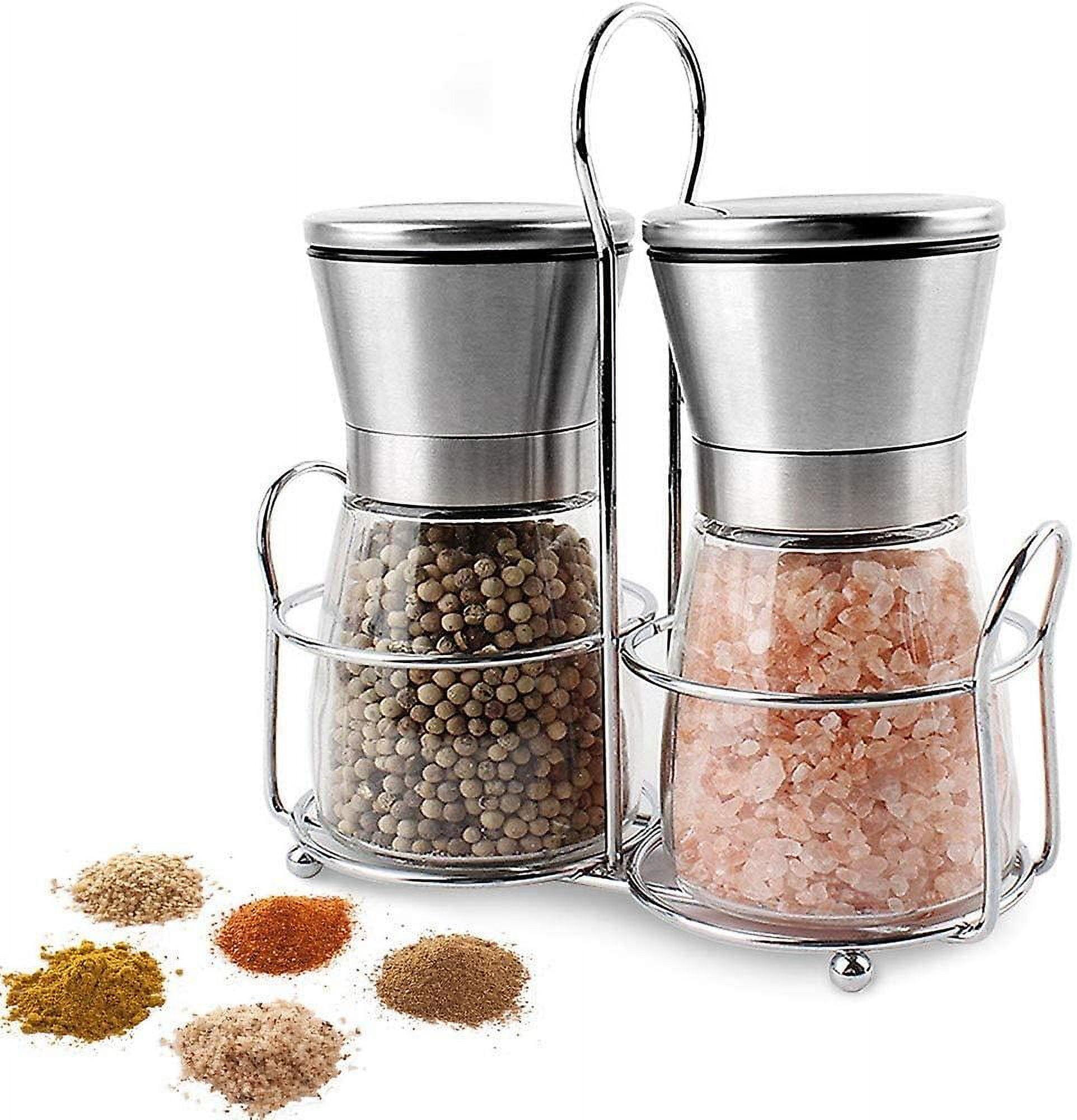 Premium Stainless Steel and Glass Salt and Pepper Grinder Set with Stand