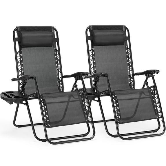 Arlmont & Co. Zero Gravity Chairs, Set of 2 Portable Recliner Folding Lounge Chair with Cup Holder Trays and Adjustable Pillow for Poolside & Lawn (Black)