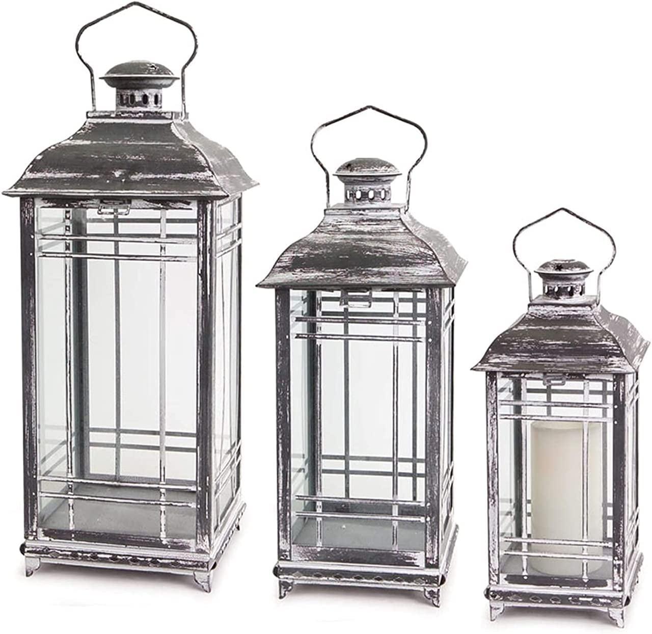 Mission White and Graphite Grey Metal & Glass Candle Lanterns - Set of 3