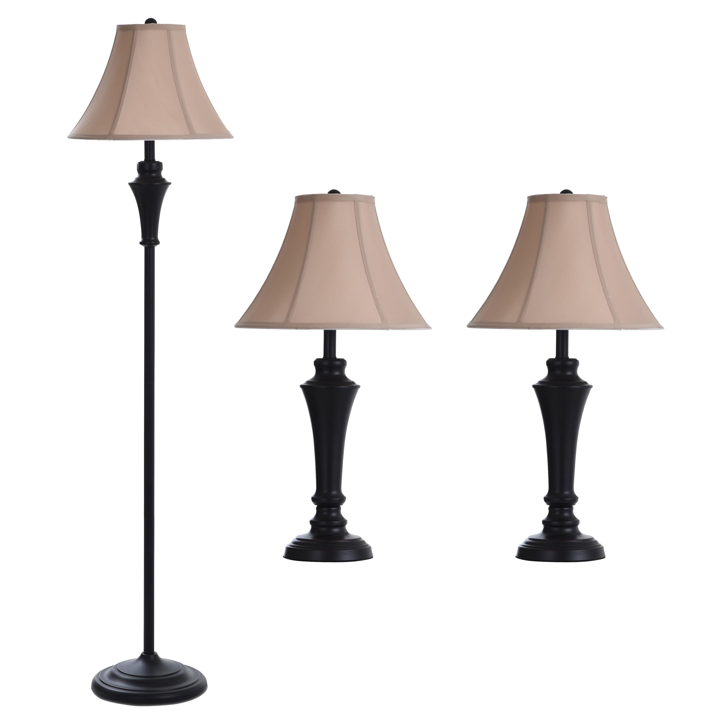 Set of Three Metal Lamps - One Floor Lamp and Two Table Lamps with a Black Finish - Softback Bell Shade in Geneva Taupe Fabric with Matching Trim T/B and Vertically around the Shade