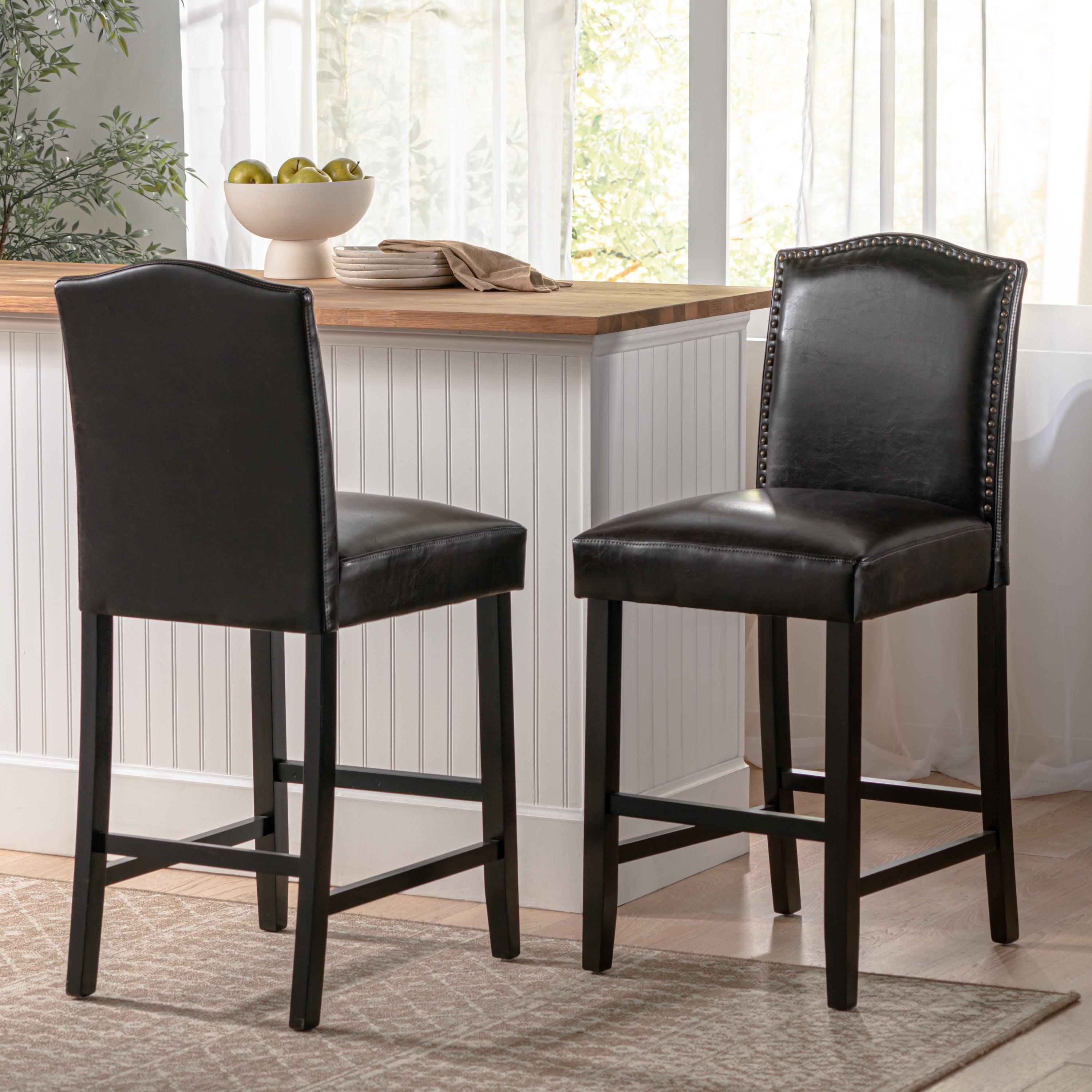 Set of 2 Brown and Walnut Upholstered Counter Stools with Nailhead Trim