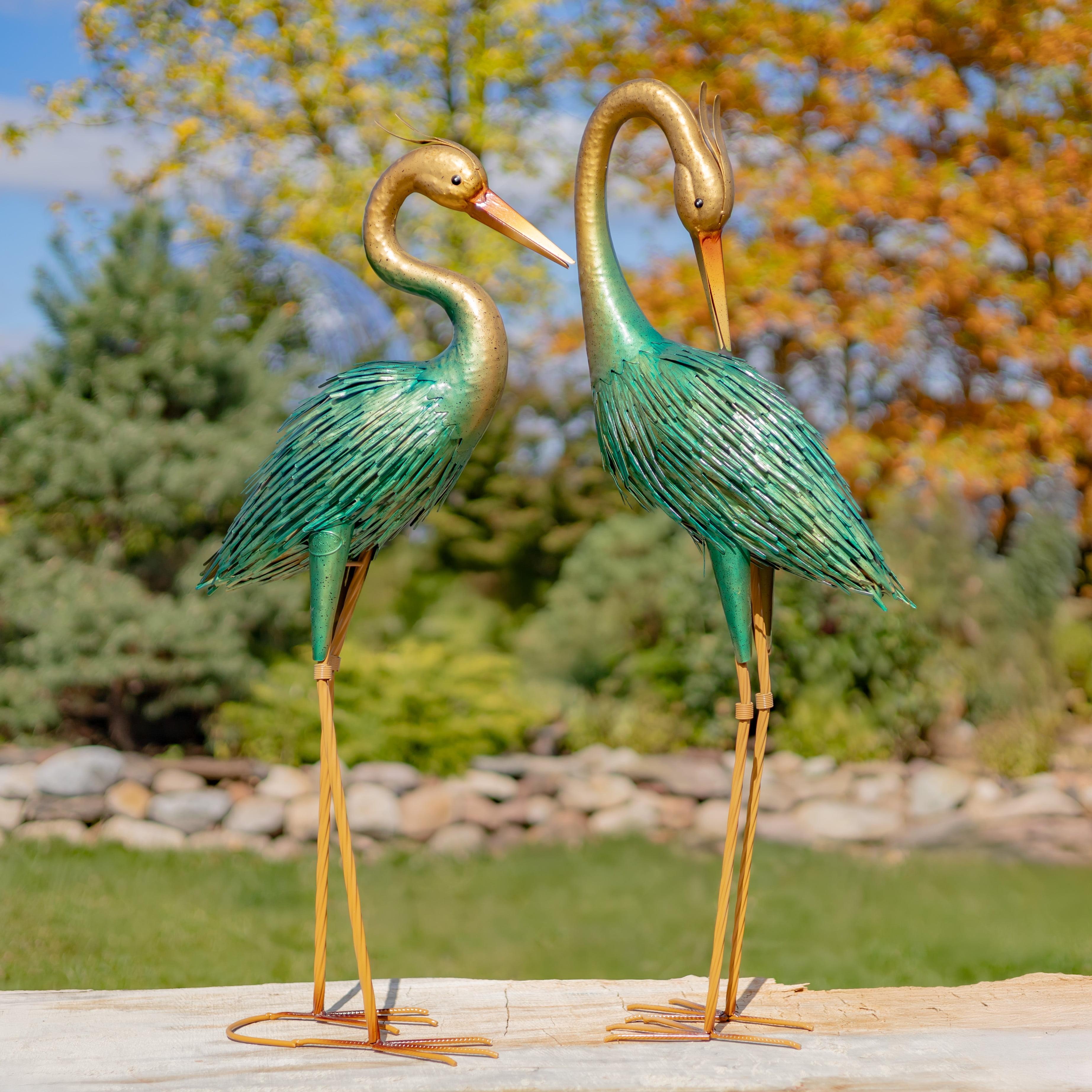 Set of 2 Tall Turquoise and Gold Painted Heron Sculptures