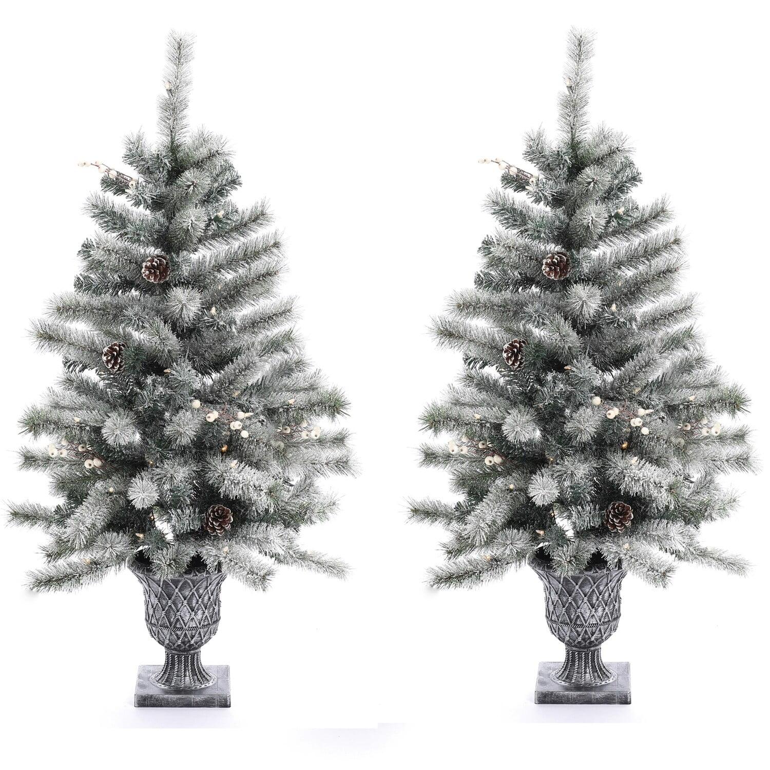 Set of 2 Pre-Lit 4Ft White Flocked Pine Christmas Trees with Urn Pot