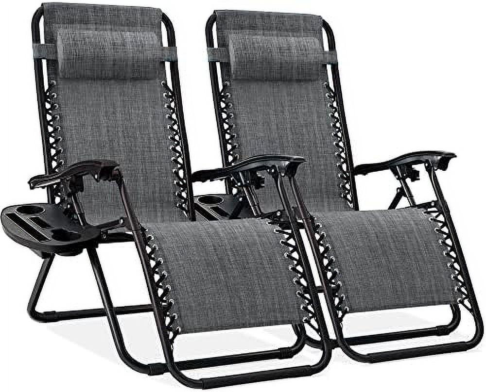 Set of 2 Gray Zero Gravity Patio Loungers with Cup Holder Trays