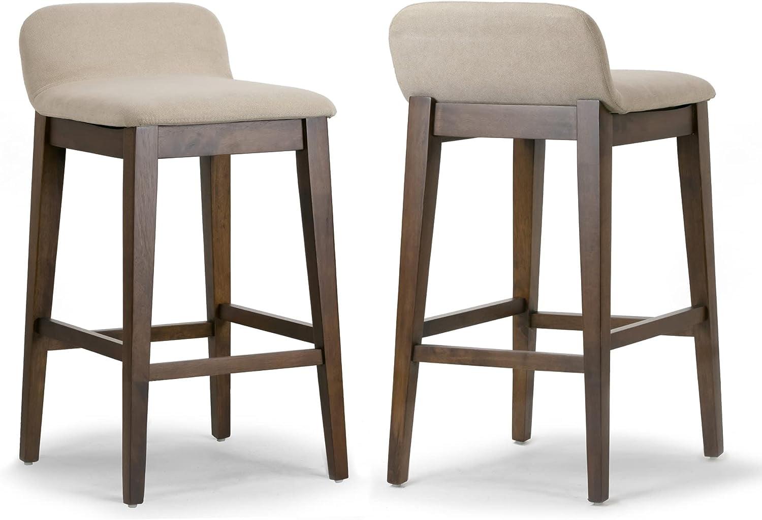 Set of 2 Beige Fabric and Dark Brown Wood Bar Stools