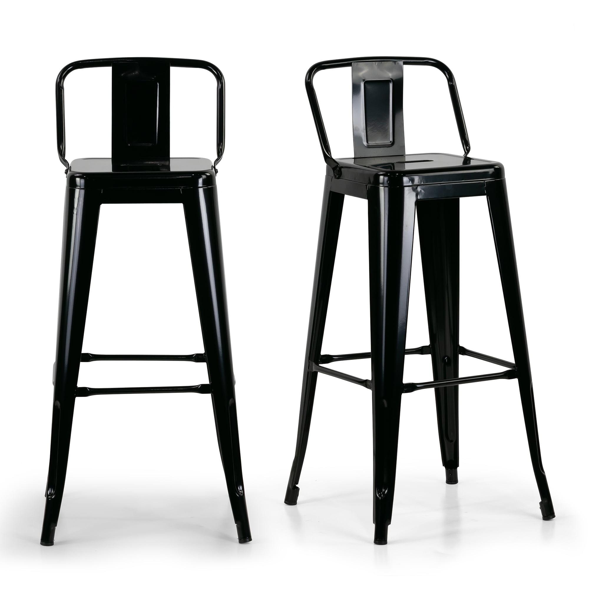 Simpli Home Rayne Metal Industrial Stool with Curved Back, Cross-Brace, and Footrest