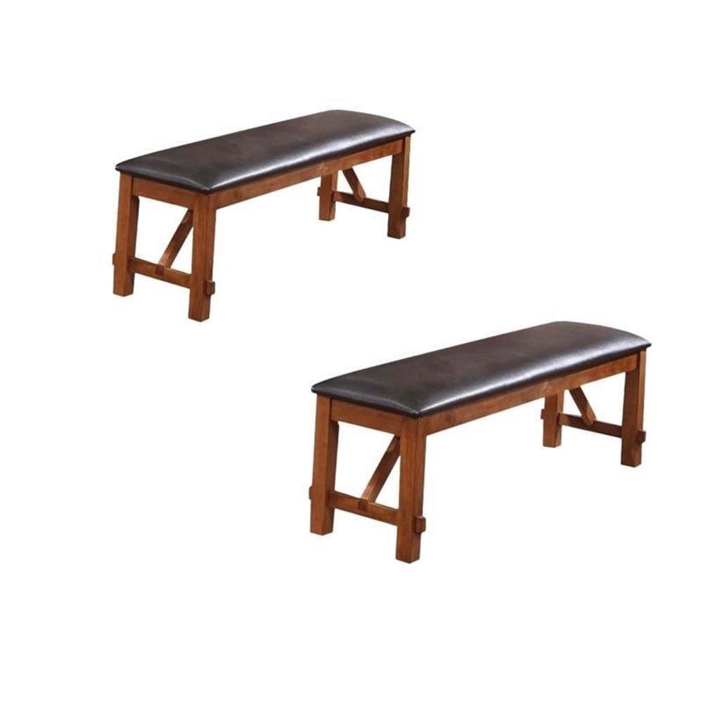 Set of 2 Walnut Wood Benches with Espresso PU Seats