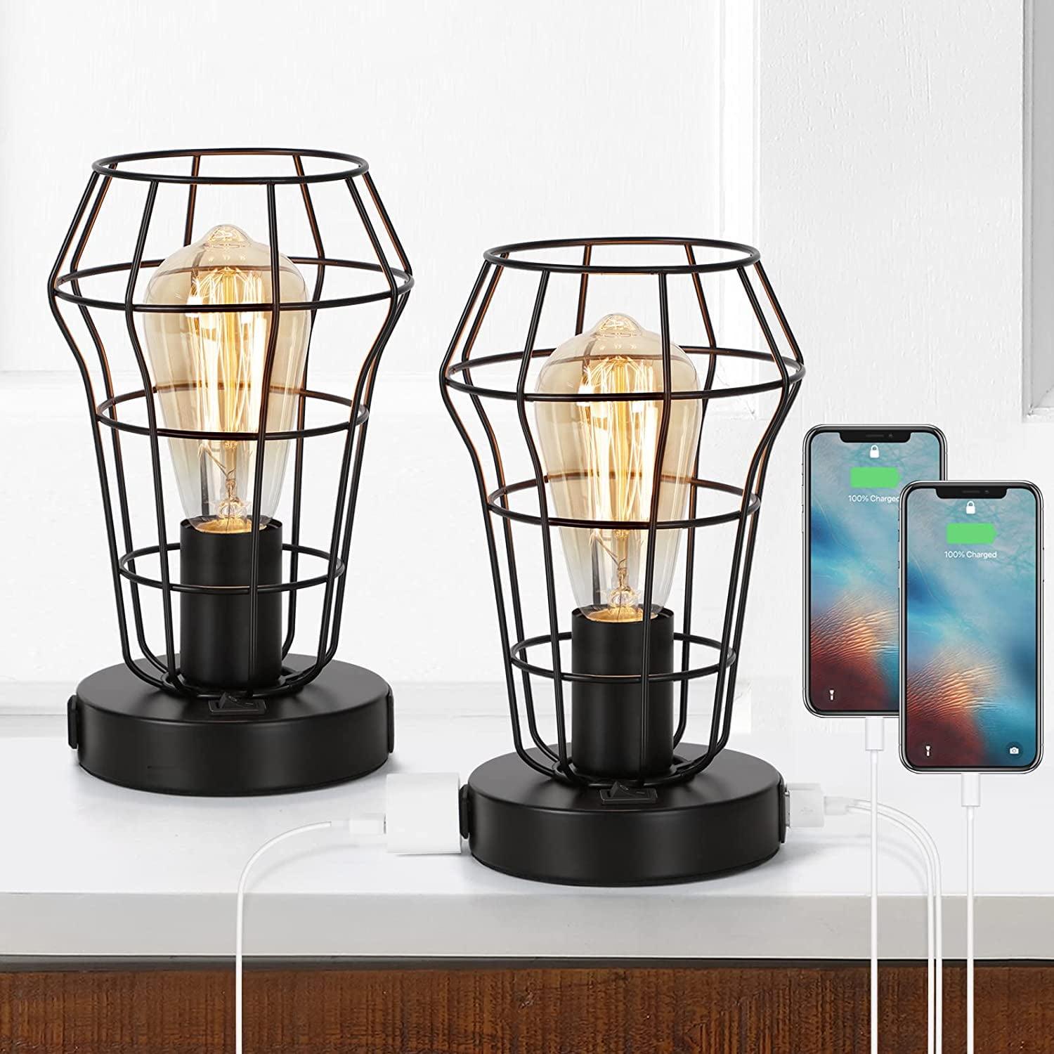 Set of 2 Black Metal Cage Industrial Table Lamps with USB Ports